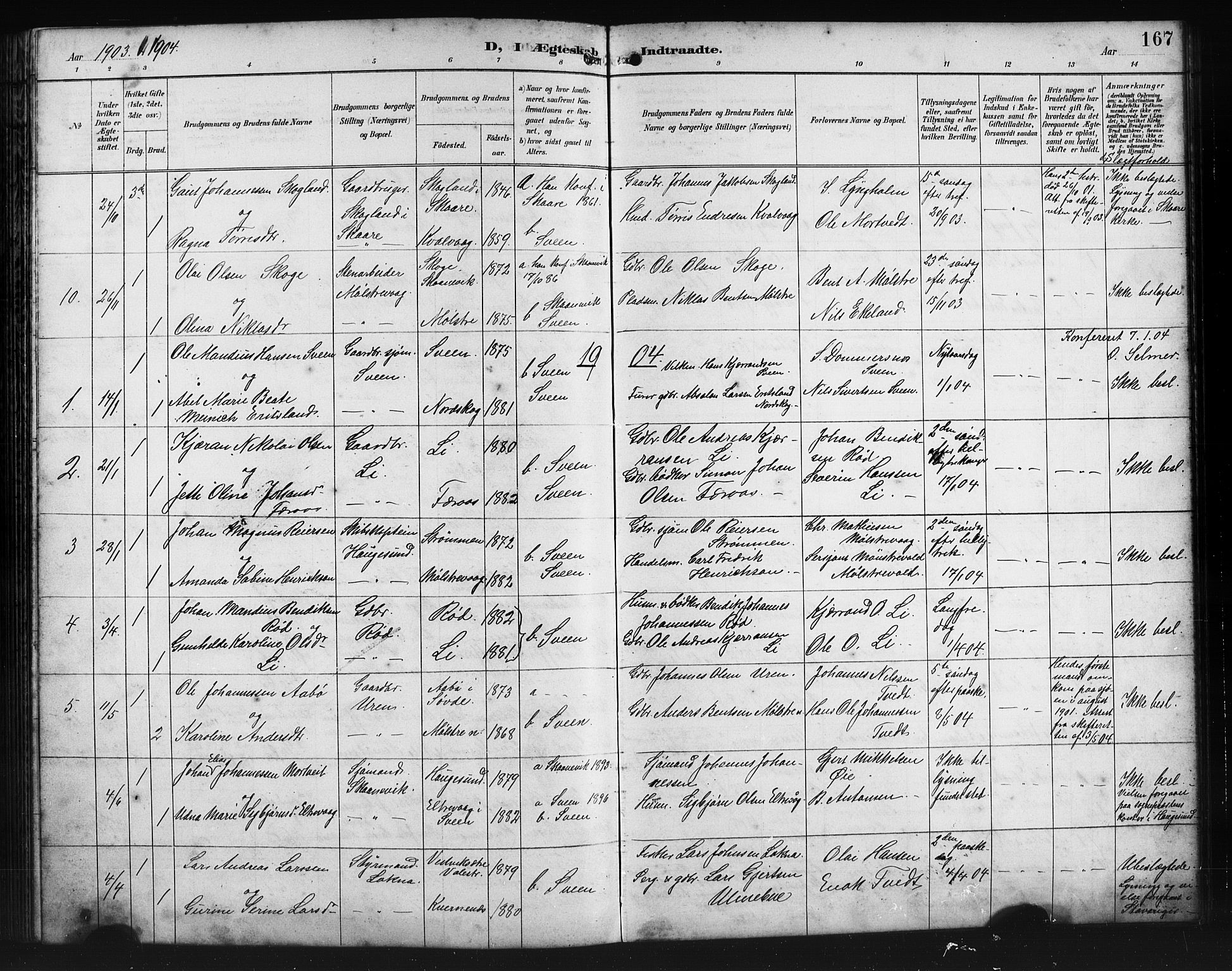 Sveio Sokneprestembete, AV/SAB-A-78501/H/Hab: Klokkerbok nr. A 4, 1897-1911, s. 167