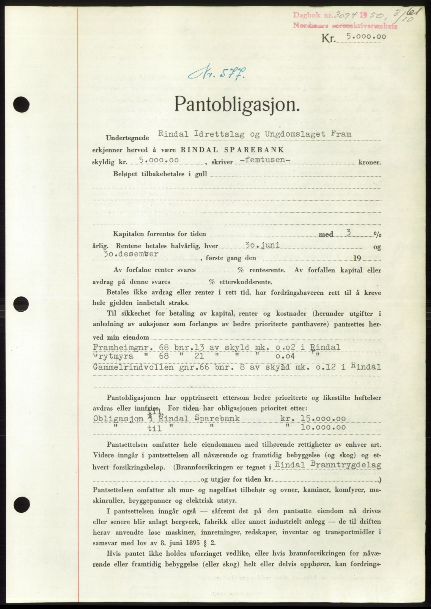 Nordmøre sorenskriveri, SAT/A-4132/1/2/2Ca: Pantebok nr. B106, 1950-1950, Dagboknr: 3094/1950