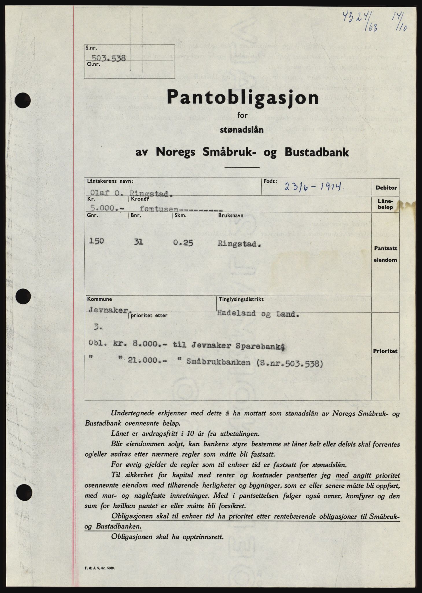 Hadeland og Land tingrett, SAH/TING-010/H/Hb/Hbc/L0053: Pantebok nr. B53, 1963-1964, Dagboknr: 4324/1963