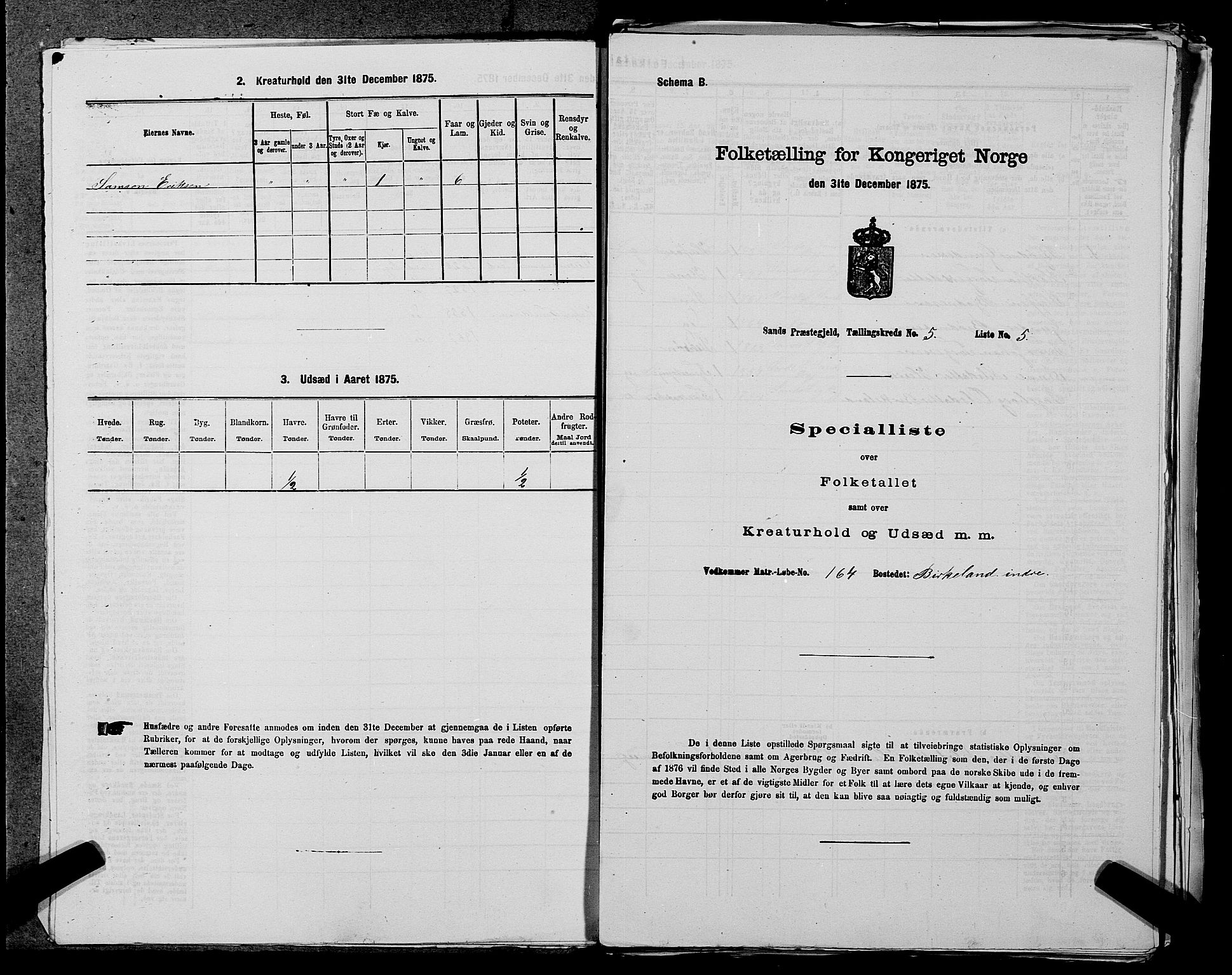 SAST, Folketelling 1875 for 1136P Sand prestegjeld, 1875, s. 1443