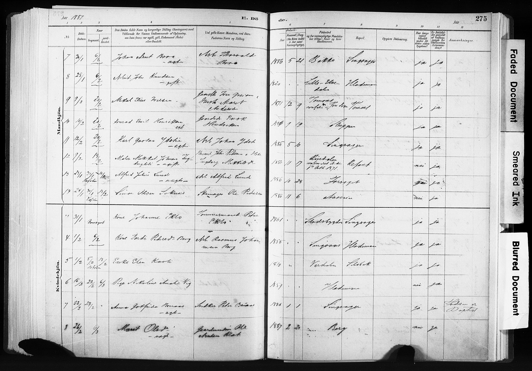 Ministerialprotokoller, klokkerbøker og fødselsregistre - Sør-Trøndelag, SAT/A-1456/606/L0300: Ministerialbok nr. 606A15, 1886-1893, s. 275