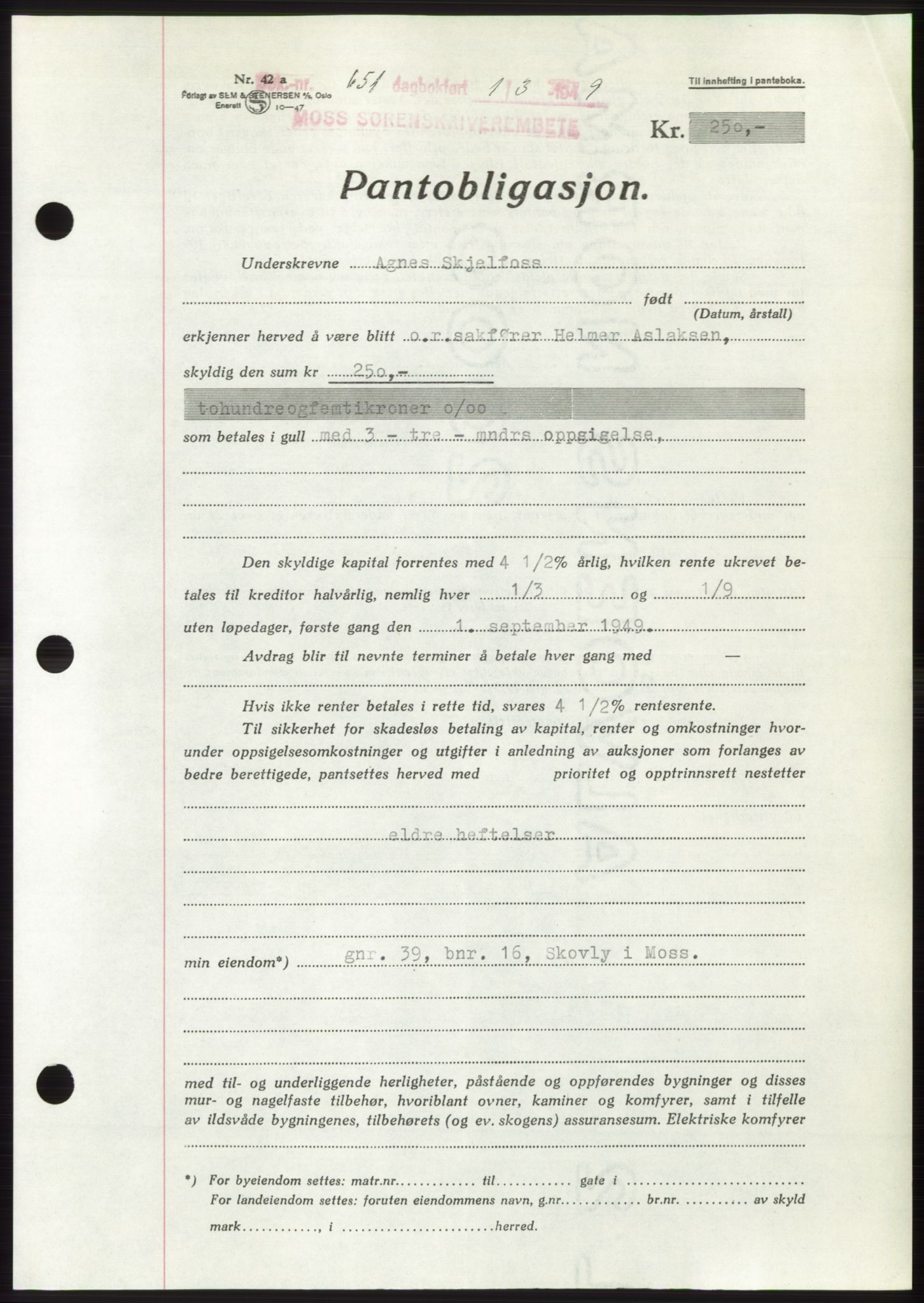 Moss sorenskriveri, SAO/A-10168: Pantebok nr. B21, 1949-1949, Dagboknr: 651/1949