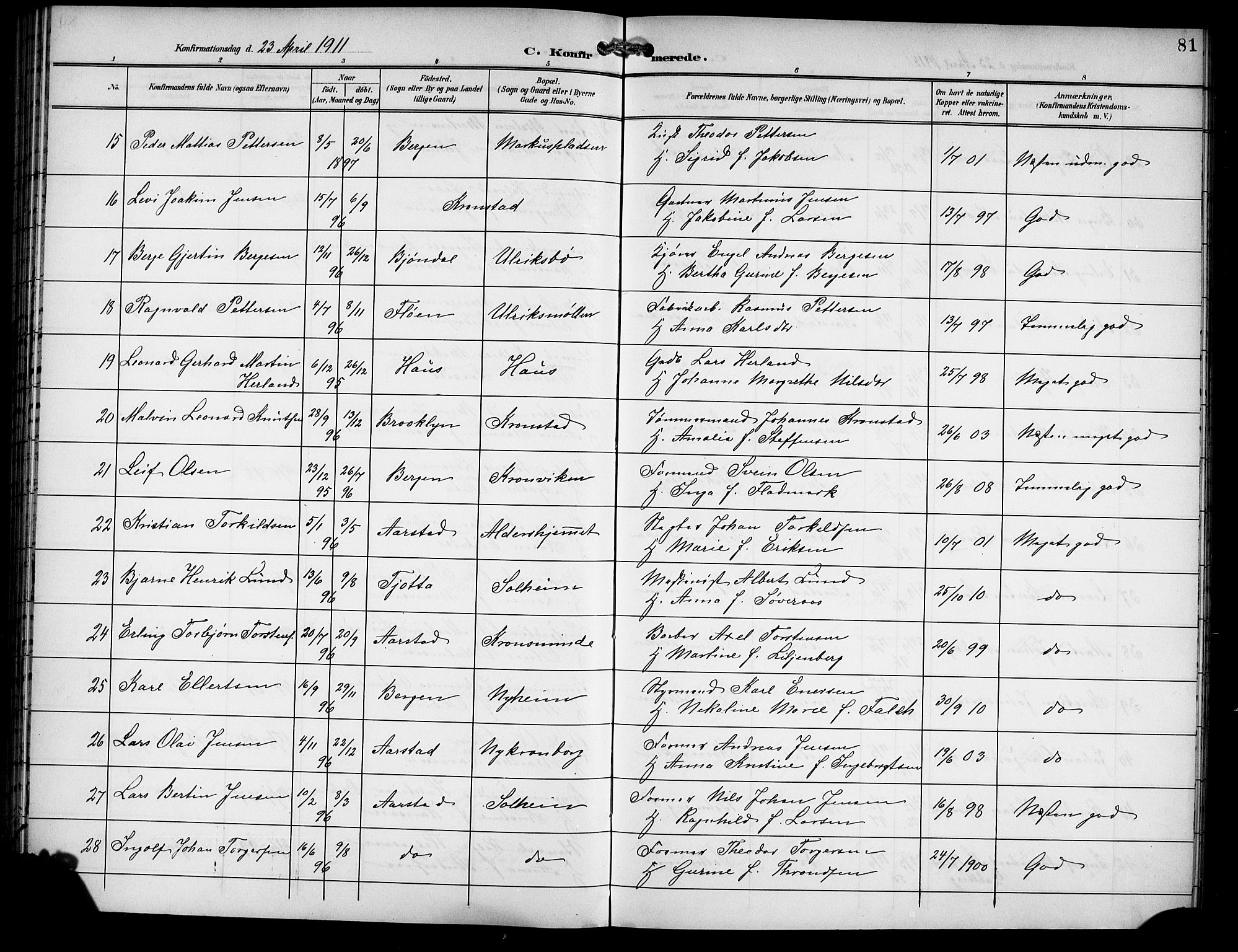 Årstad Sokneprestembete, AV/SAB-A-79301/H/Hab/L0012: Klokkerbok nr. B 2, 1901-1914, s. 81