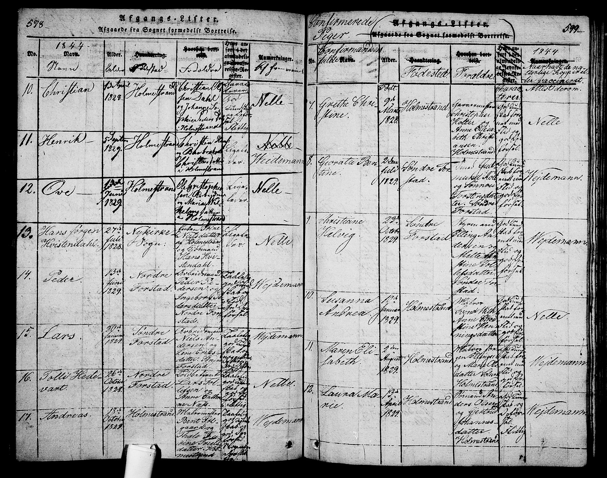 Holmestrand kirkebøker, AV/SAKO-A-346/G/Ga/L0001: Klokkerbok nr. 1, 1814-1848, s. 598-599