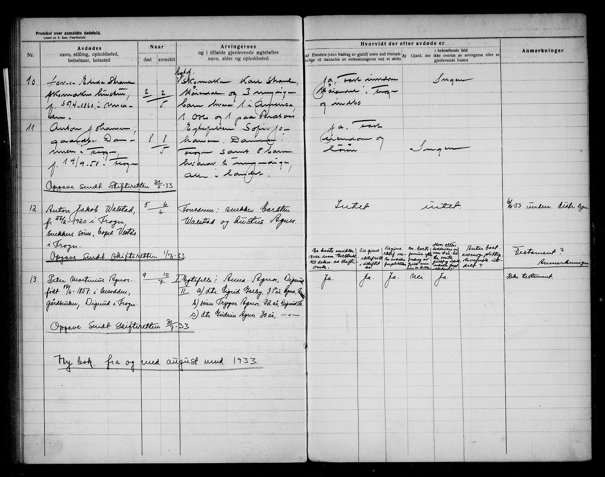 Frogn lensmannskontor, SAO/A-10290/H/Ha/L0001: Dødsanmeldelsesprotokoll, 1912-1933