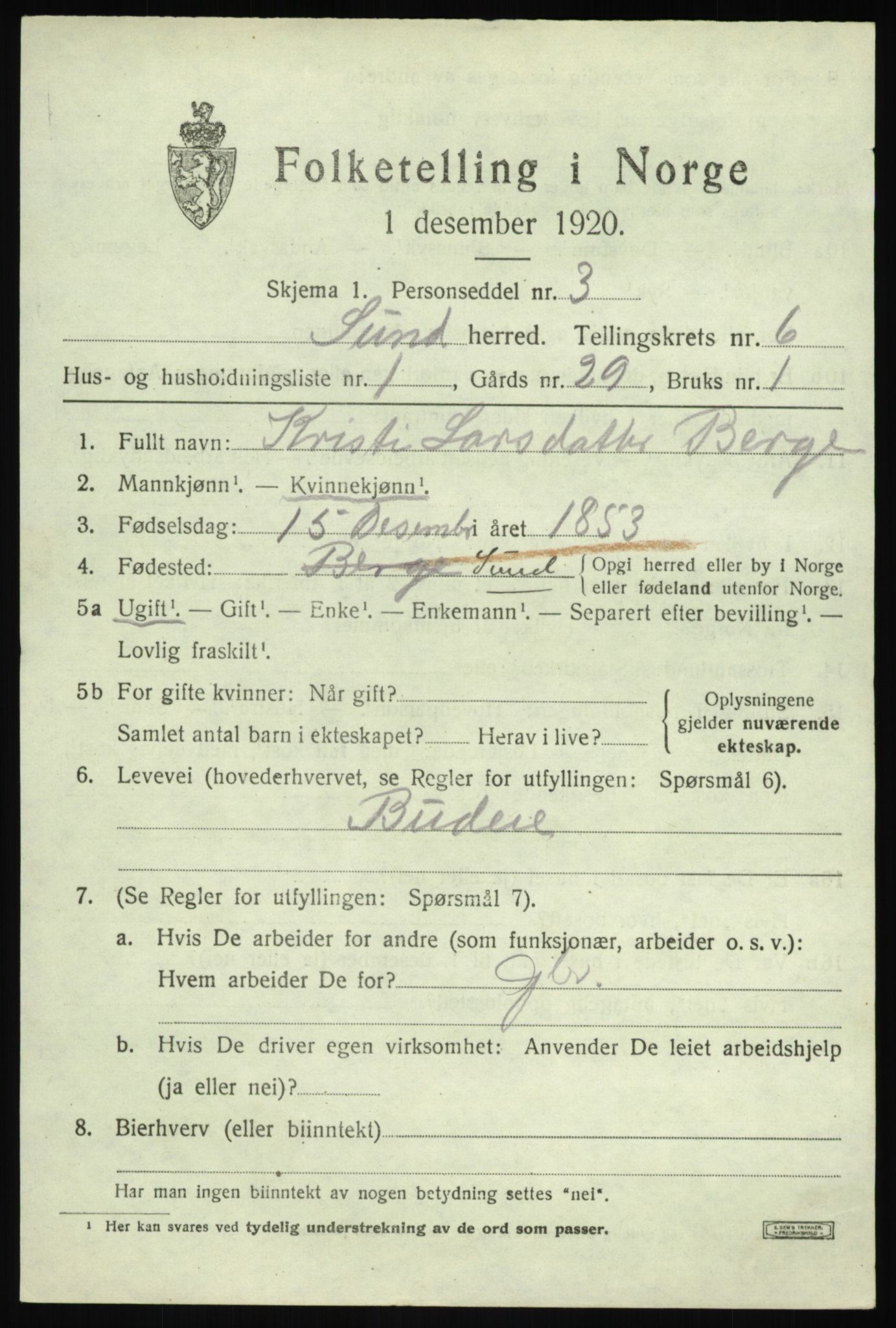 SAB, Folketelling 1920 for 1245 Sund herred, 1920, s. 3879