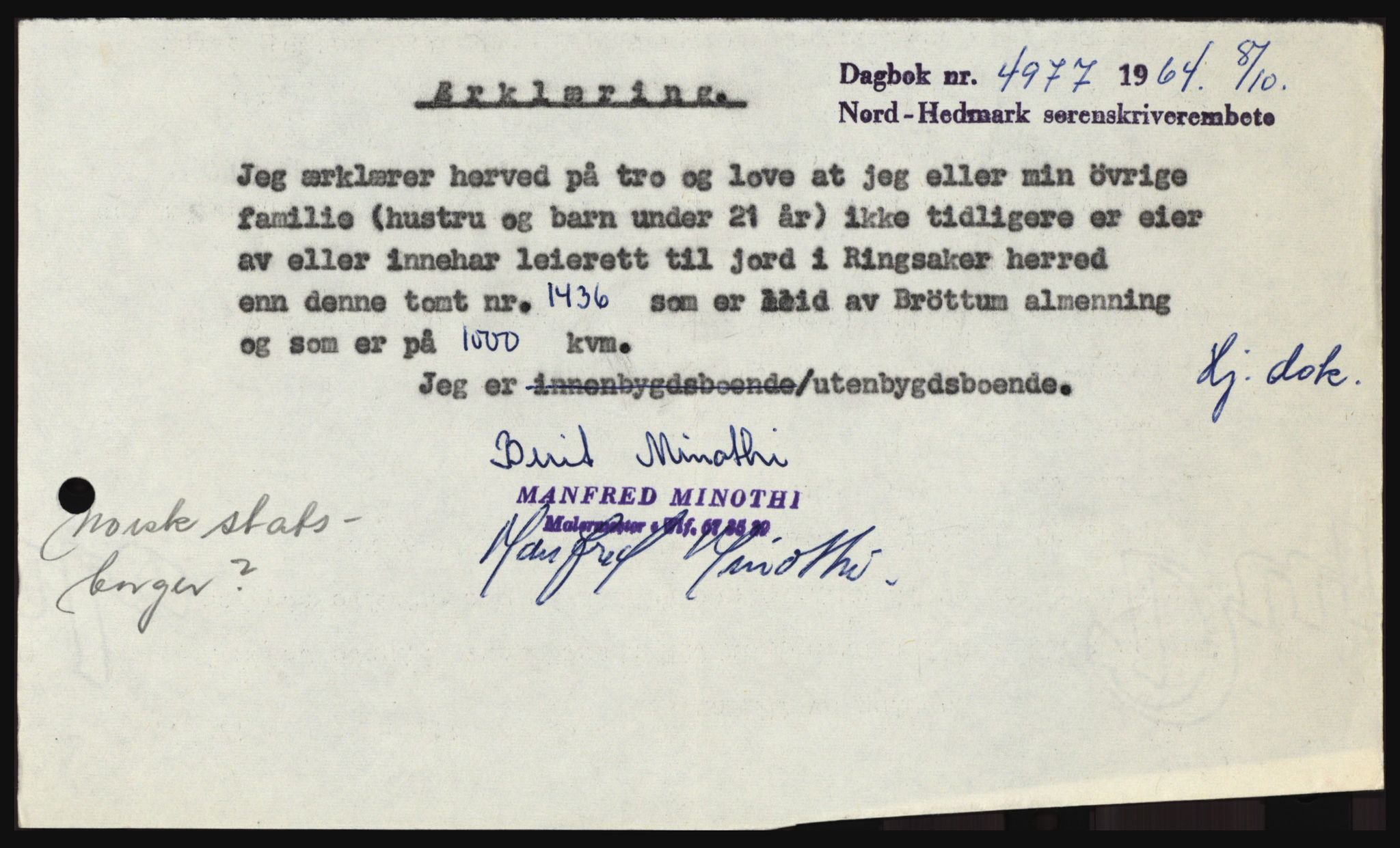 Nord-Hedmark sorenskriveri, SAH/TING-012/H/Hc/L0020: Pantebok nr. 20, 1964-1964, Dagboknr: 4977/1964
