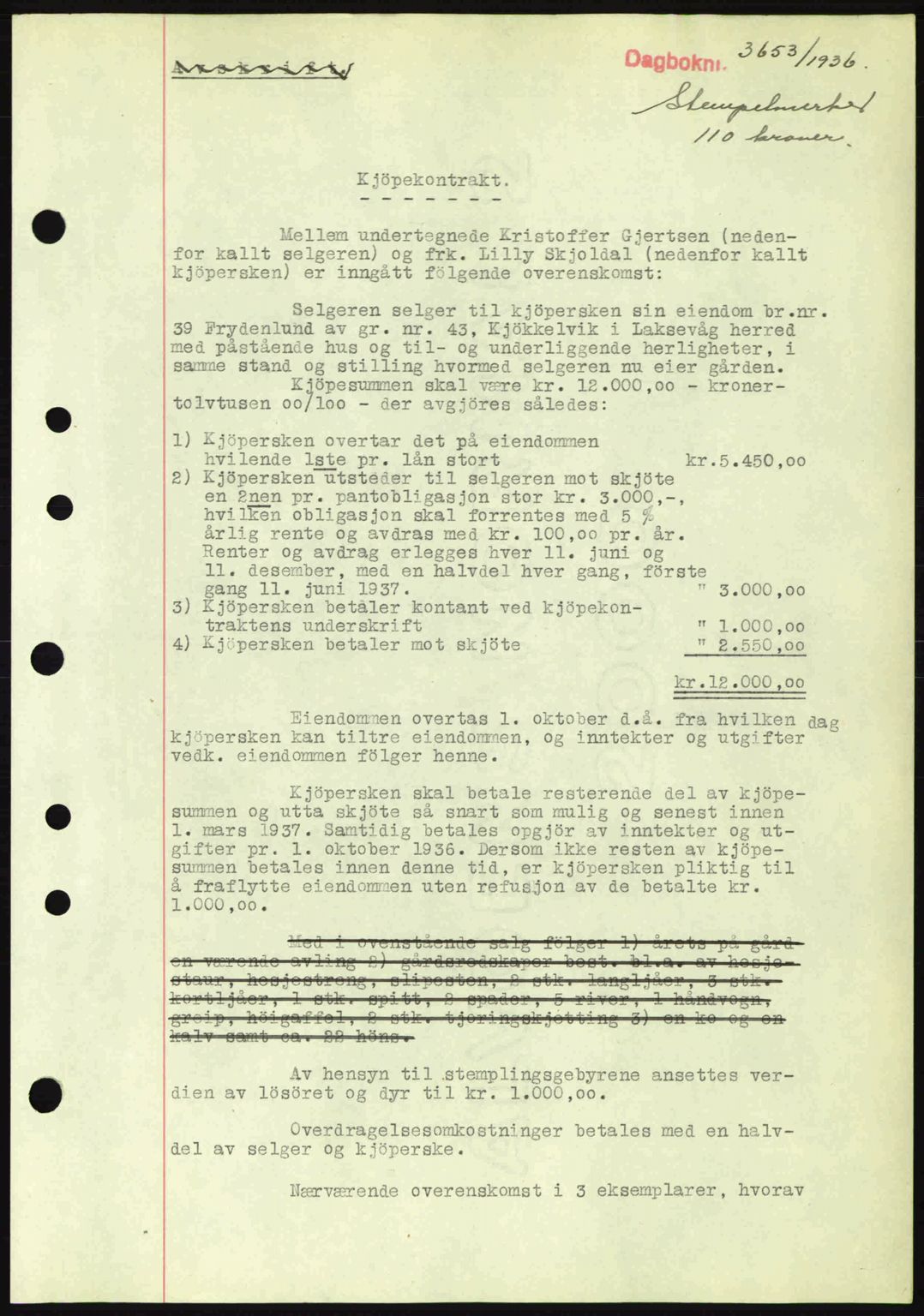 Midhordland sorenskriveri, SAB/A-3001/1/G/Gb/Gbk/L0001: Pantebok nr. A1-6, 1936-1937, Dagboknr: 3653/1936