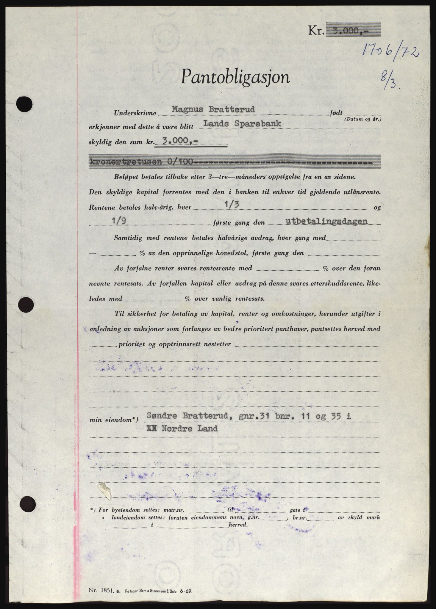 Hadeland og Land tingrett, AV/SAH-TING-010/H/Hb/Hbc/L0084: Pantebok nr. B84, 1972-1972, Dagboknr: 1706/1972