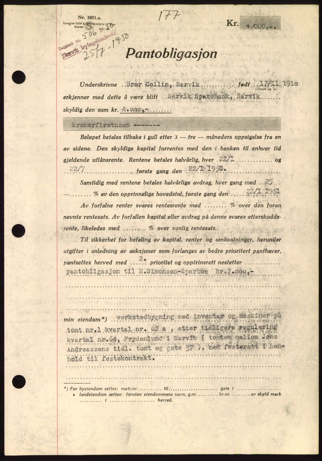 Narvik sorenskriveri, SAT/A-0002/1/2/2C/2Ca: Pantebok nr. A26, 1950-1950, Dagboknr: 506/1950