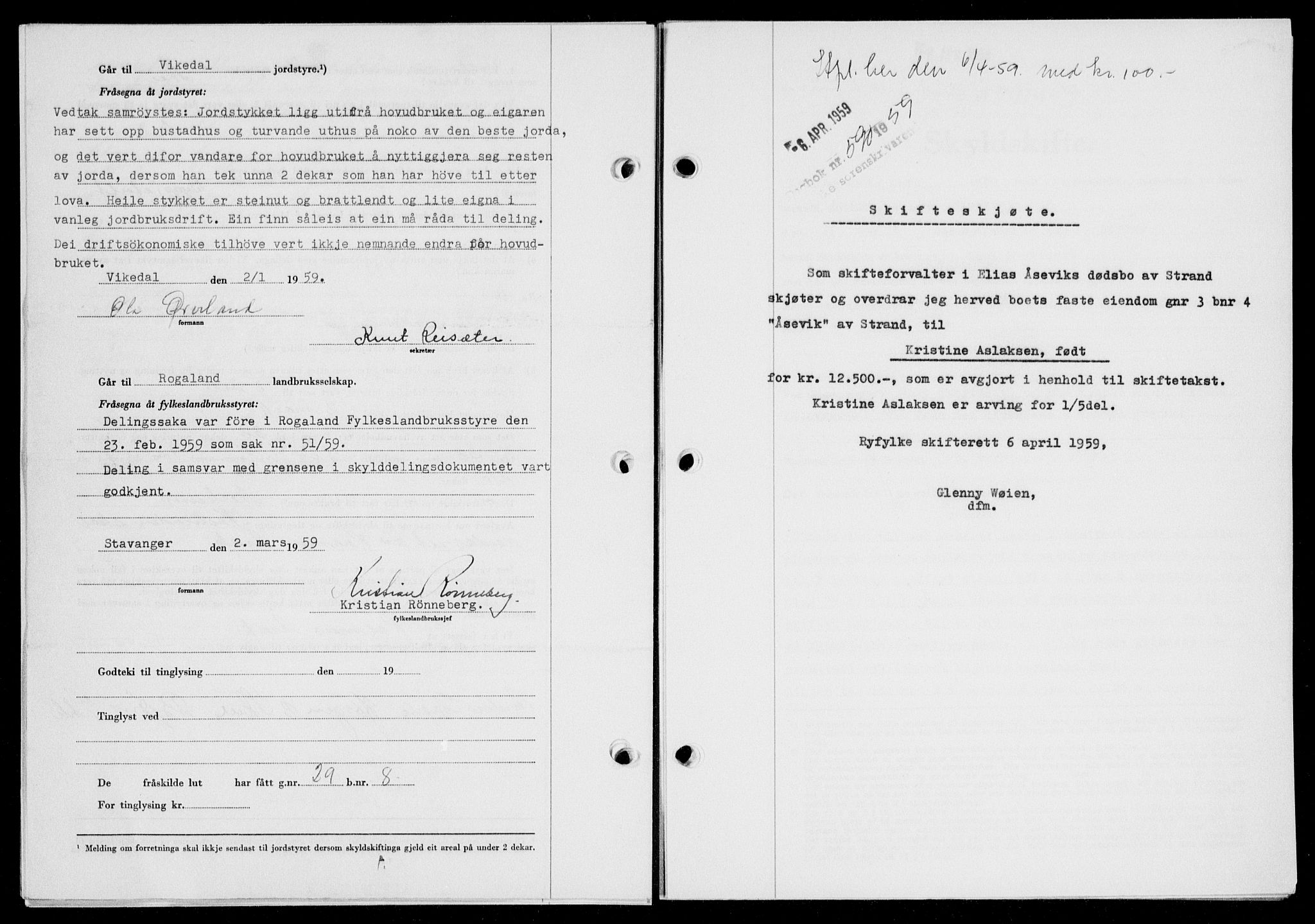 Ryfylke tingrett, SAST/A-100055/001/II/IIB/L0146: Pantebok nr. 125, 1965-1959, Dagboknr: 590/1959