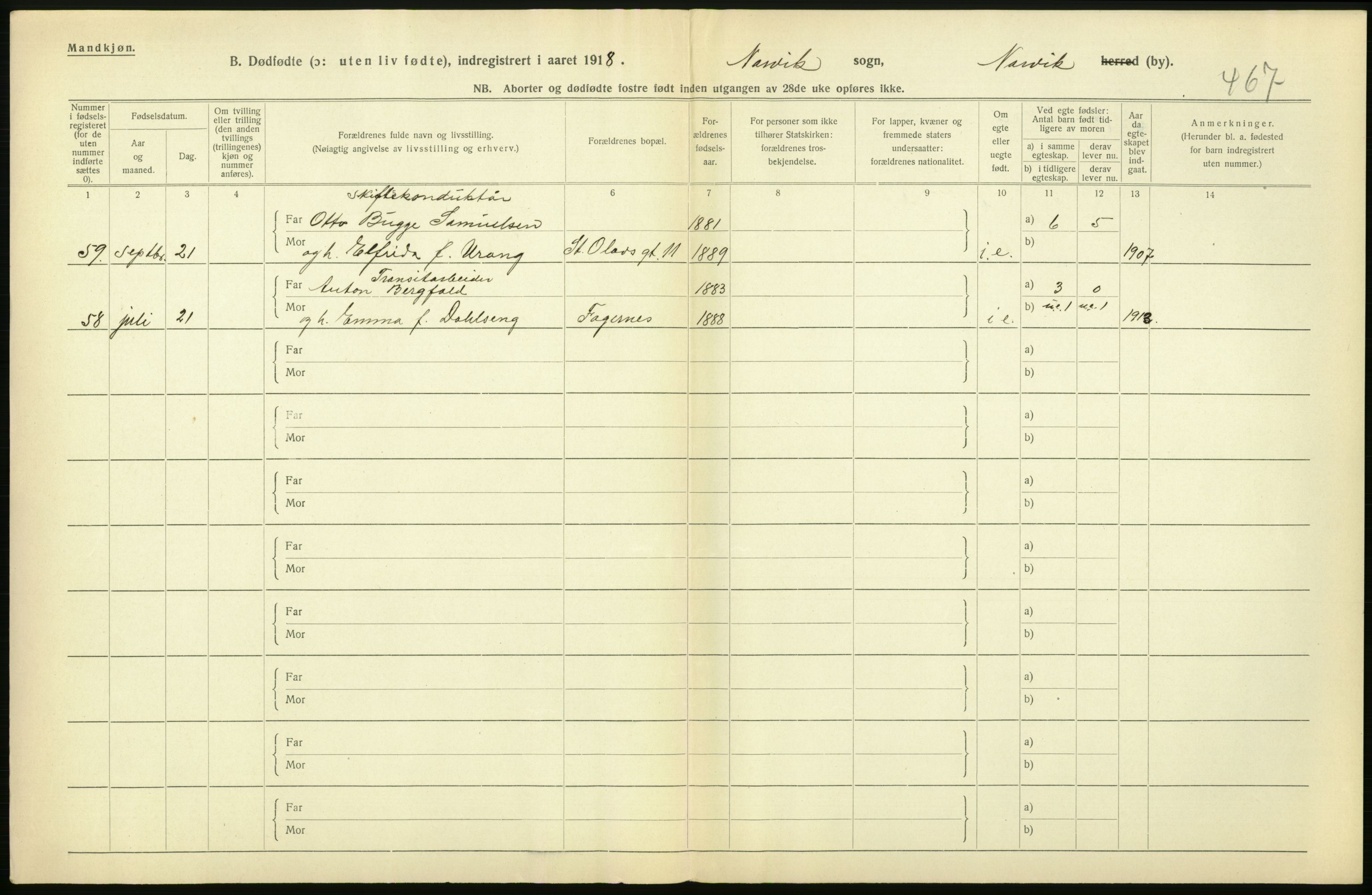 Statistisk sentralbyrå, Sosiodemografiske emner, Befolkning, RA/S-2228/D/Df/Dfb/Dfbh/L0054: Nordland fylke: Gifte, dødfødte. Bygder og byer., 1918, s. 378