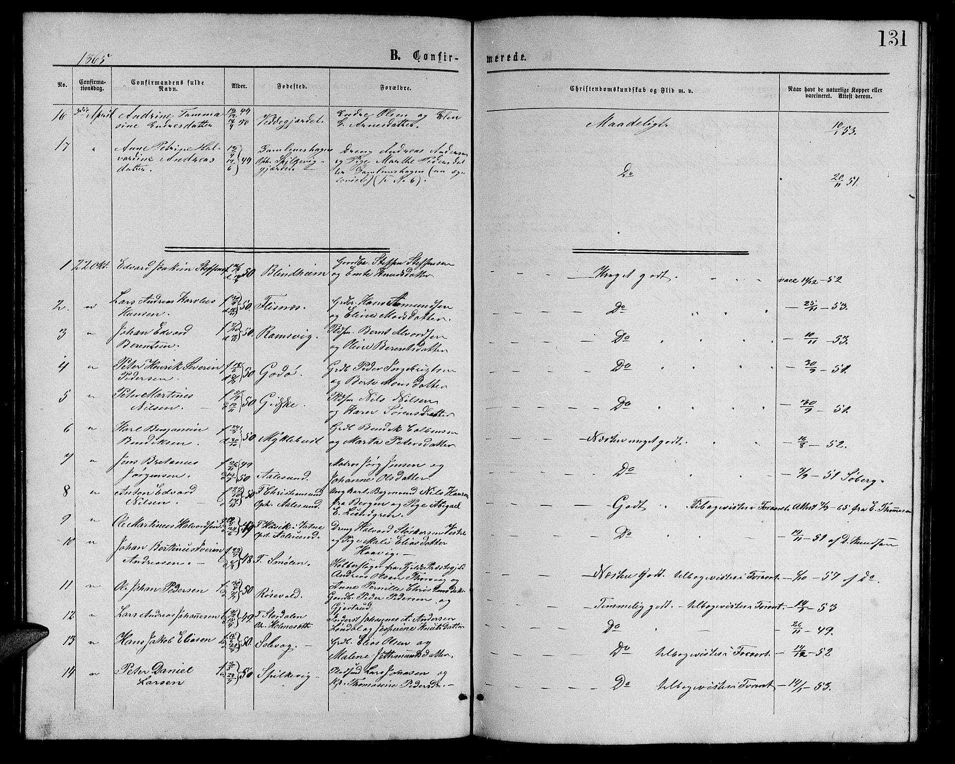 Ministerialprotokoller, klokkerbøker og fødselsregistre - Møre og Romsdal, AV/SAT-A-1454/528/L0428: Klokkerbok nr. 528C09, 1864-1880, s. 131