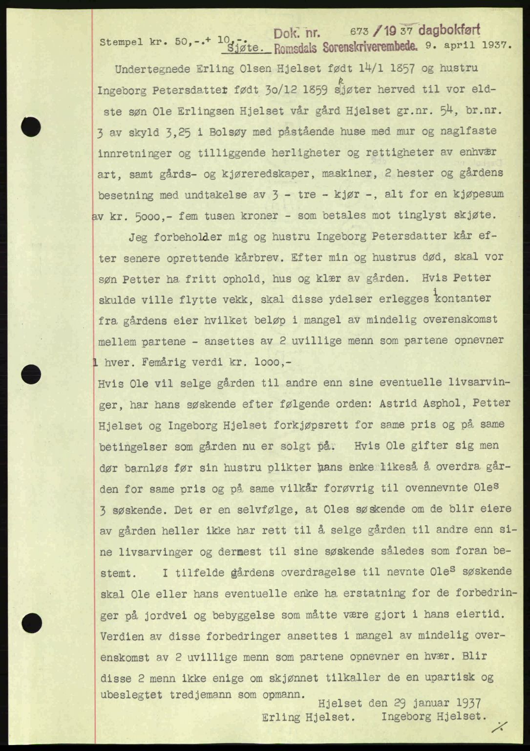 Romsdal sorenskriveri, SAT/A-4149/1/2/2C: Pantebok nr. A3, 1937-1937, Dagboknr: 673/1937