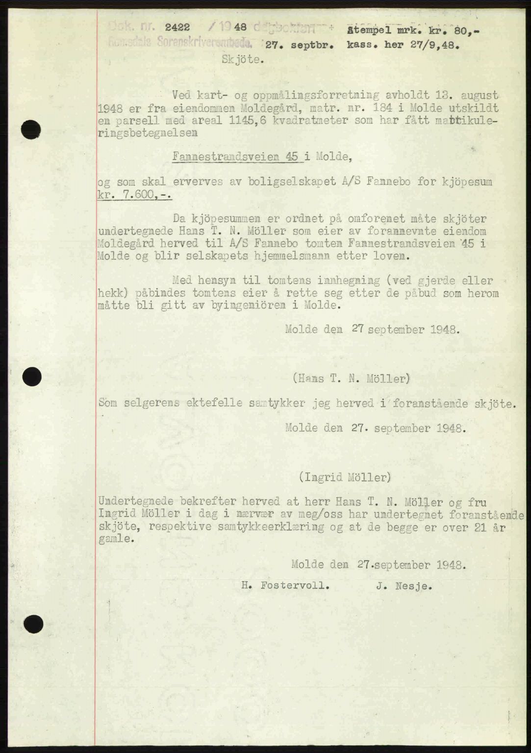 Romsdal sorenskriveri, SAT/A-4149/1/2/2C: Pantebok nr. A27, 1948-1948, Dagboknr: 2422/1948