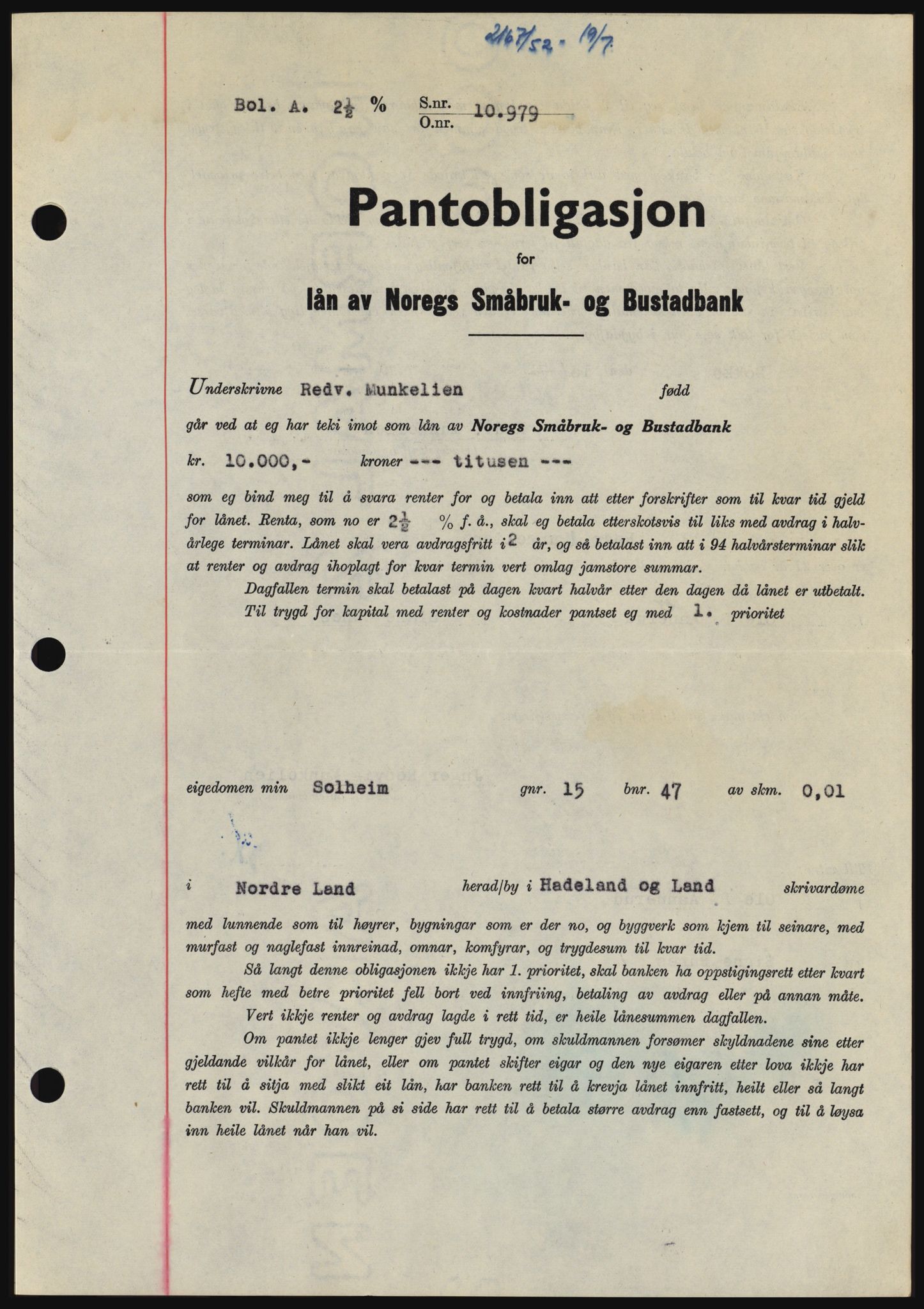 Hadeland og Land tingrett, SAH/TING-010/H/Hb/Hbc/L0024: Pantebok nr. B24, 1952-1952, Dagboknr: 2167/1952