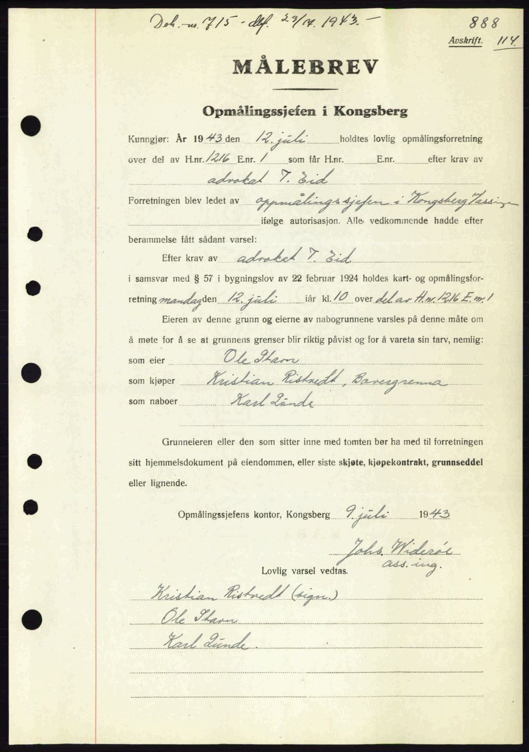 Numedal og Sandsvær sorenskriveri, SAKO/A-128/G/Ga/Gaa/L0055: Pantebok nr. A7, 1943-1944, Dagboknr: 715/1943