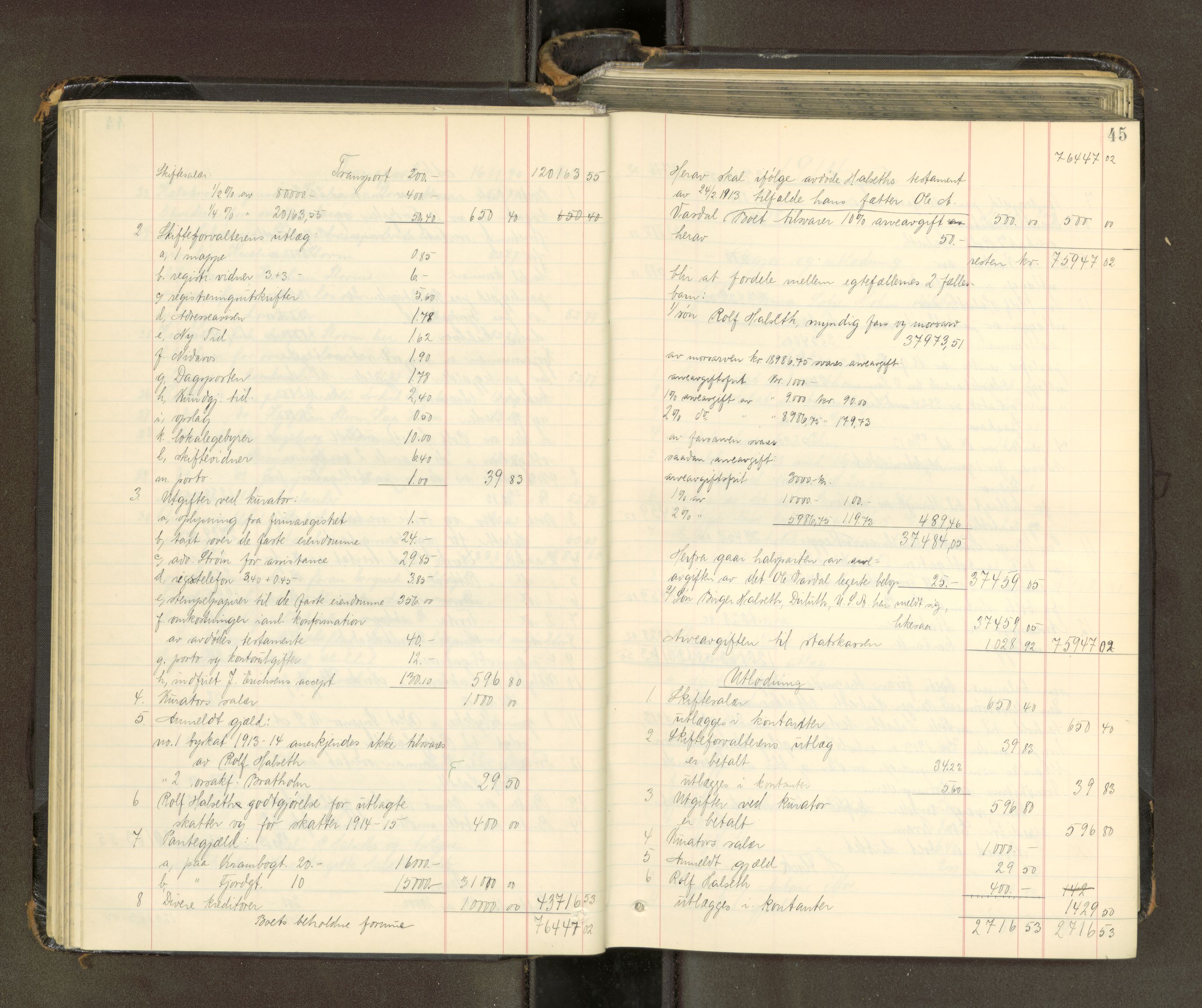 Trondheim byfogd, AV/SAT-A-0003/1/3/3A/L0041: Skifteutlodningsprotokoll - 1710-5/2. (m/ register), 1913-1916, s. 45