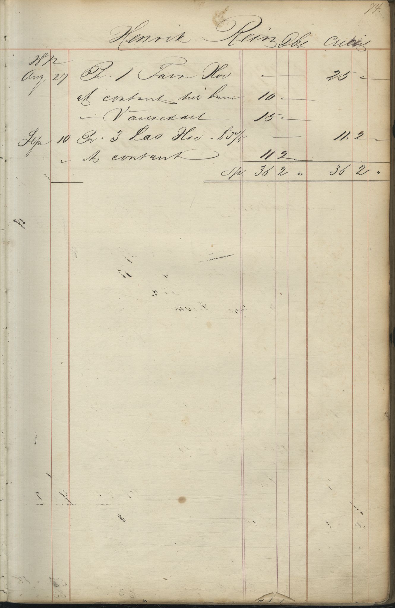Brodtkorb handel A/S, VAMU/A-0001/F/Fc/L0001/0001: Konto for kvener og nordmenn på Kolahalvøya  / Conto for Kvæner og Nordmænd paa Russefinmarken No 1, 1868-1894, s. 74