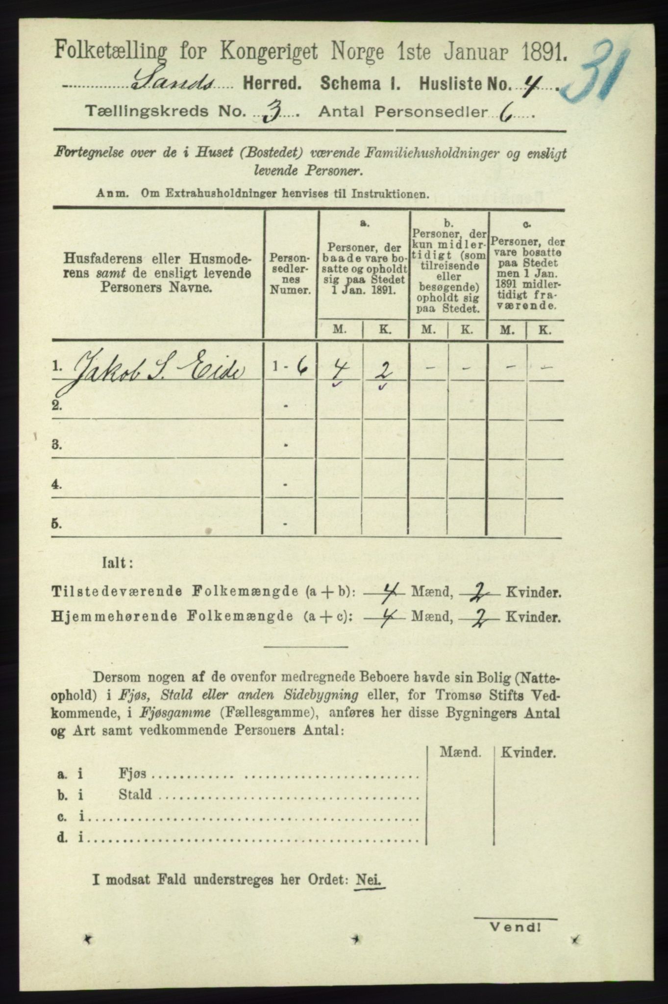 RA, Folketelling 1891 for 1136 Sand herred, 1891, s. 581