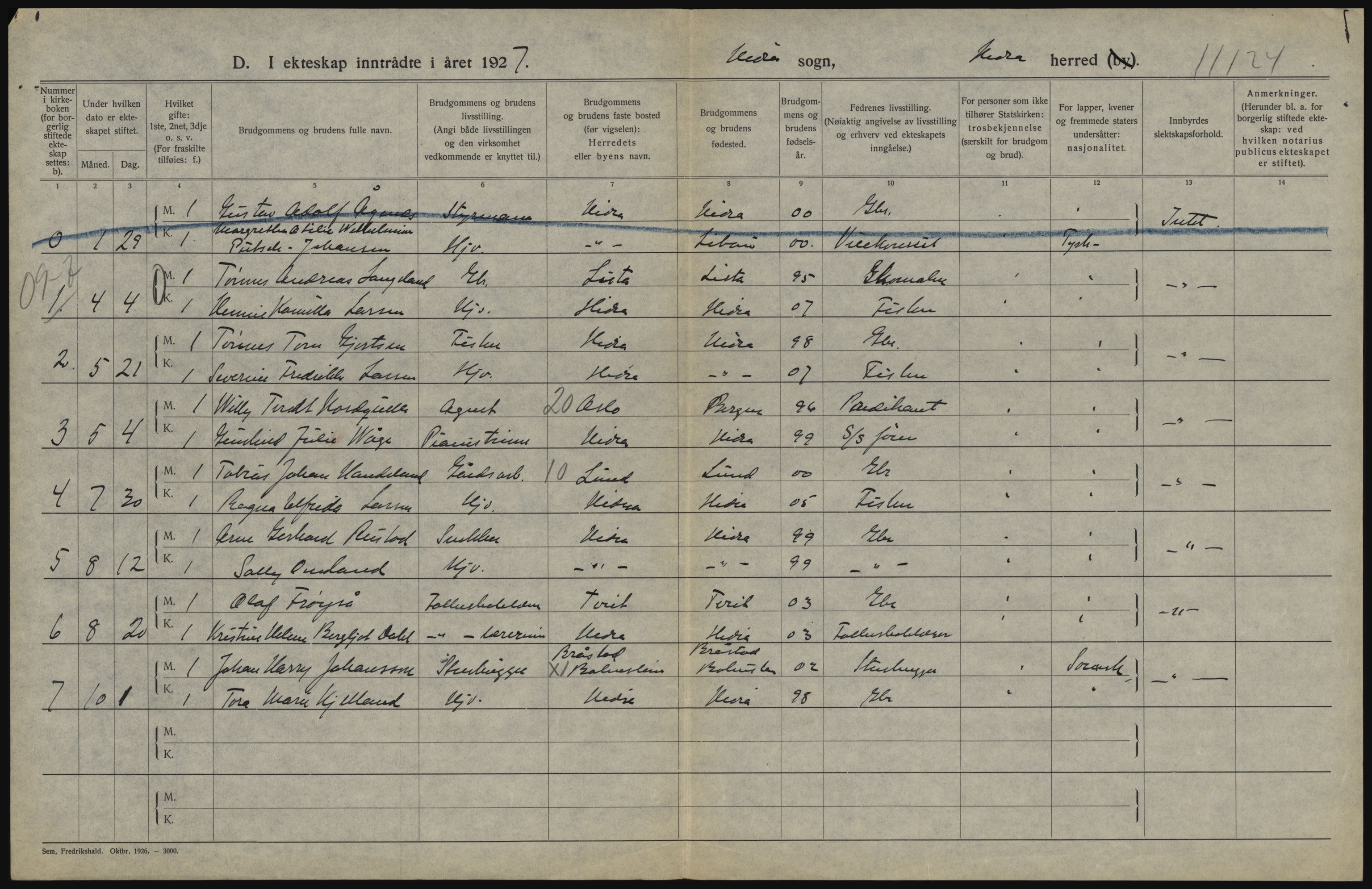 Statistisk sentralbyrå, Sosiodemografiske emner, Befolkning, AV/RA-S-2228/D/Df/Dfc/Dfcg/L0022: Vest-Agder fylke: Levendefødte menn og kvinner, gifte, døde, dødfødte. bygder og byer., 1927, s. 486