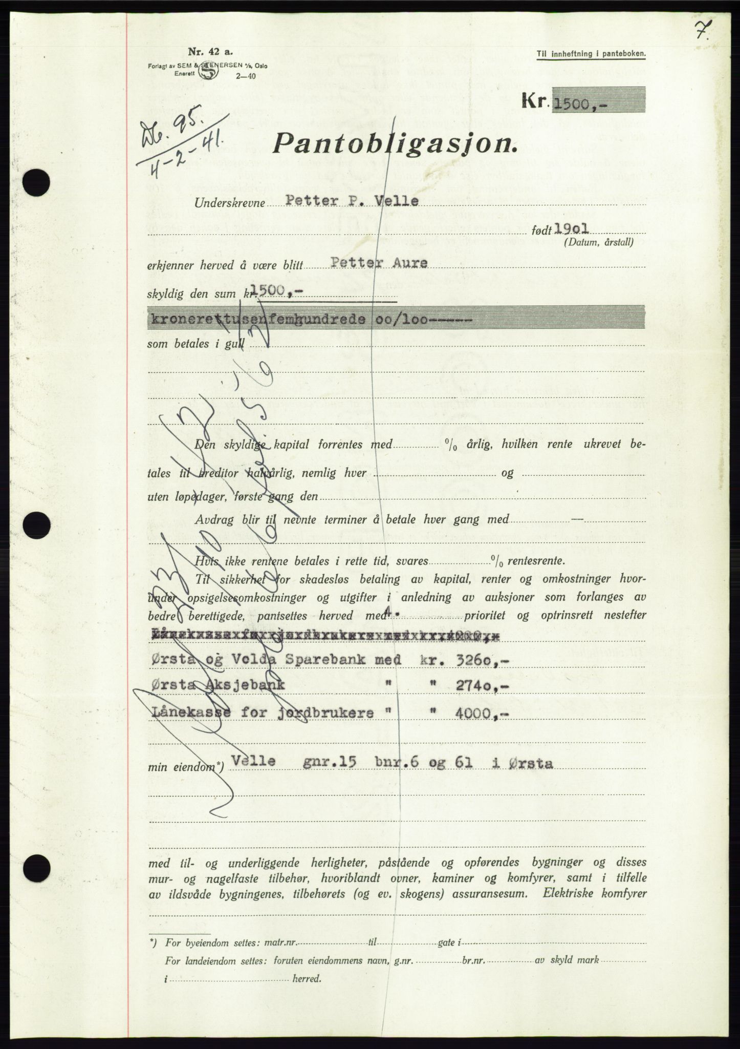 Søre Sunnmøre sorenskriveri, AV/SAT-A-4122/1/2/2C/L0071: Pantebok nr. 65, 1941-1941, Dagboknr: 95/1941