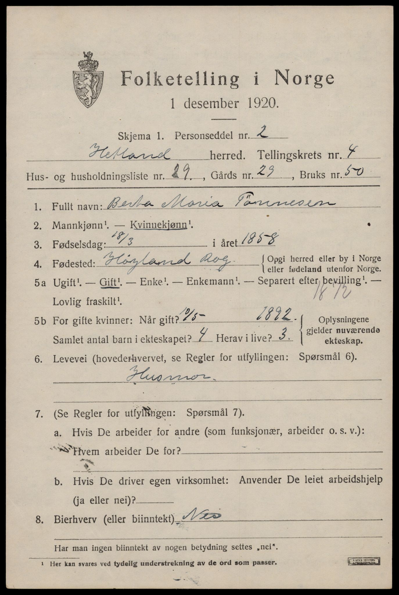SAST, Folketelling 1920 for 1126 Hetland herred, 1920, s. 6573
