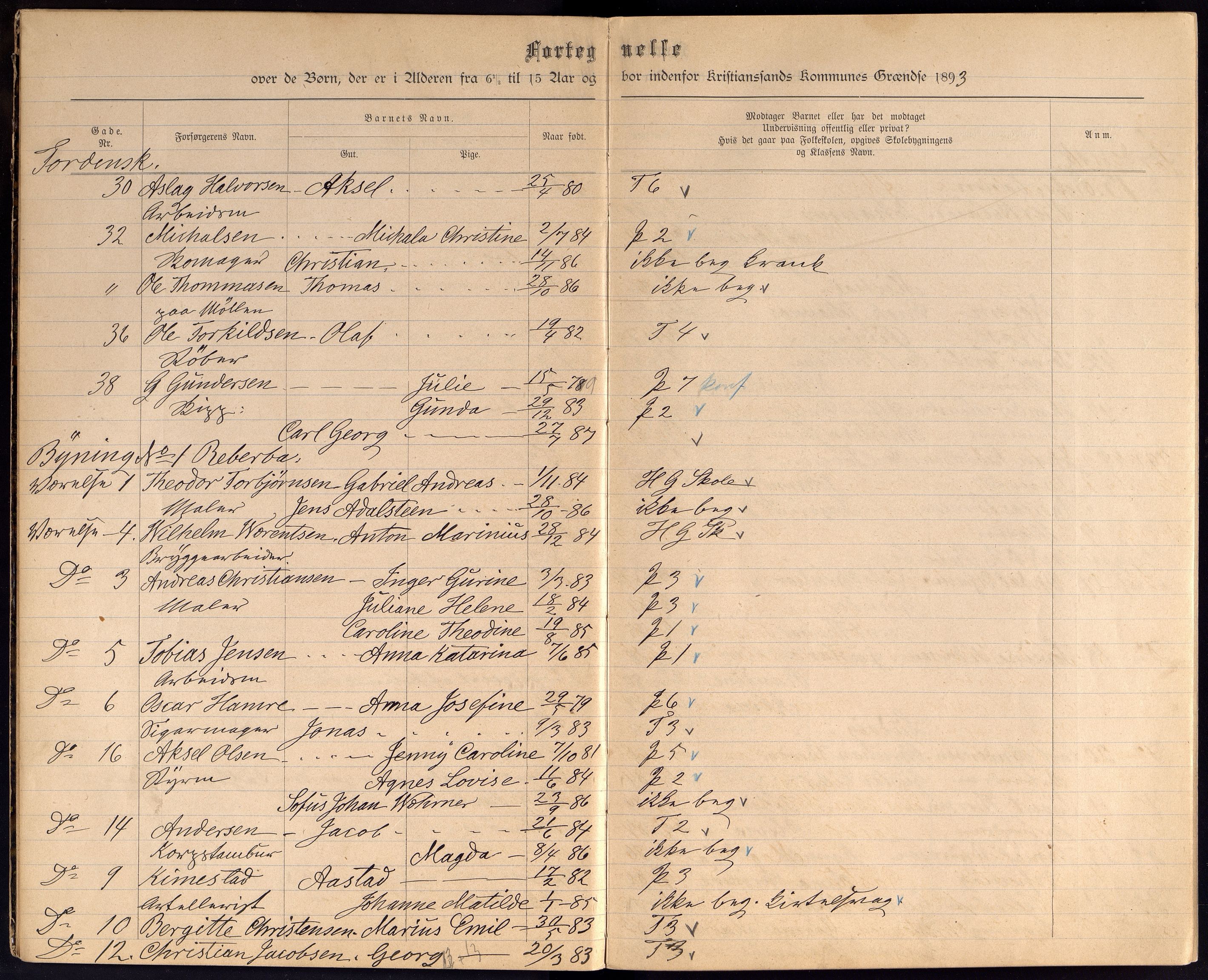 Kristiansand By - Skolekommisjonen/ -Styret, ARKSOR/1001KG510/J/Jb/L0003: Barnetelling, 1893