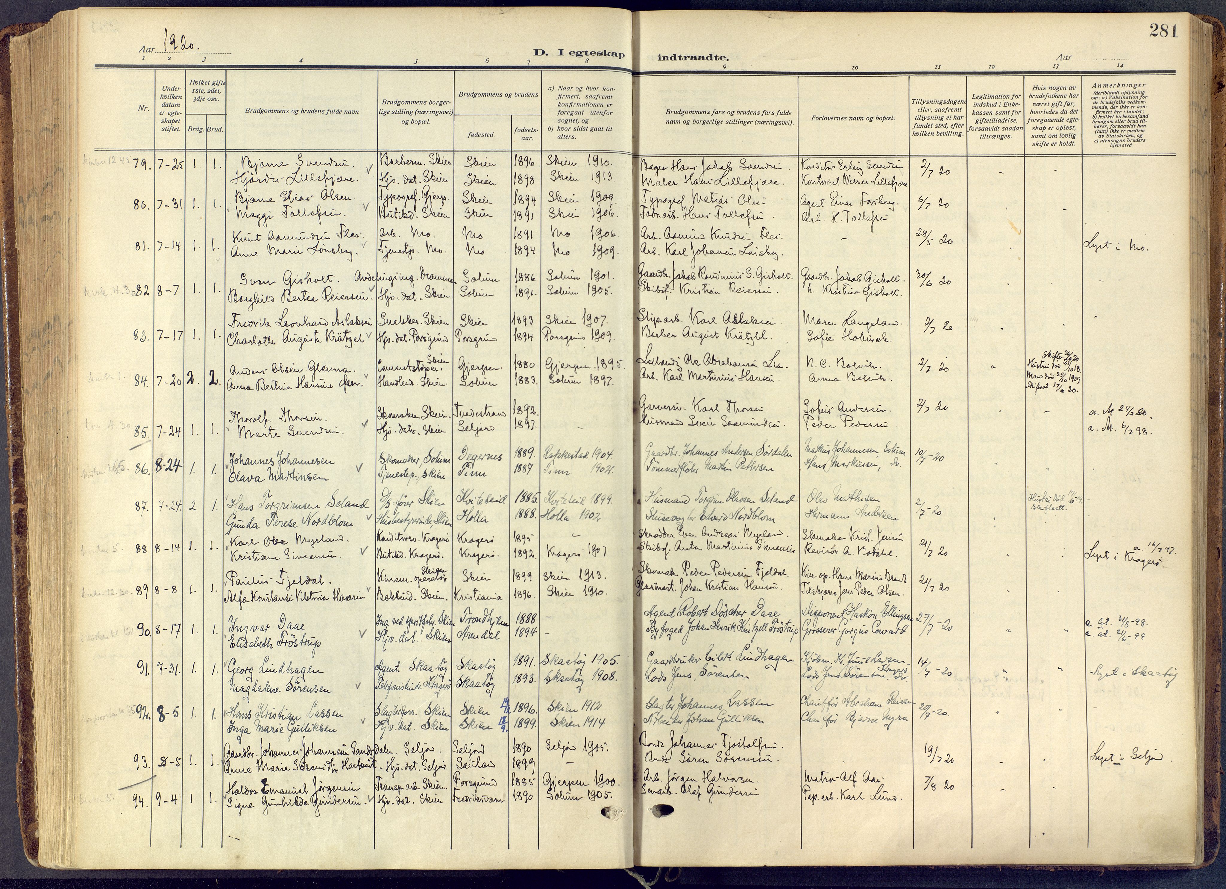 Skien kirkebøker, AV/SAKO-A-302/F/Fa/L0013: Ministerialbok nr. 13, 1915-1921, s. 281