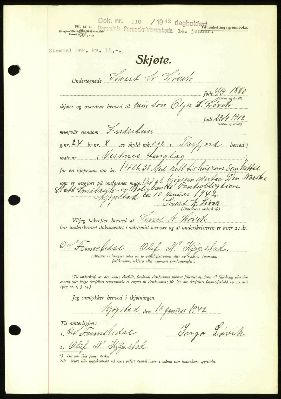 Romsdal sorenskriveri, AV/SAT-A-4149/1/2/2C: Pantebok nr. A11, 1941-1942, Dagboknr: 110/1942