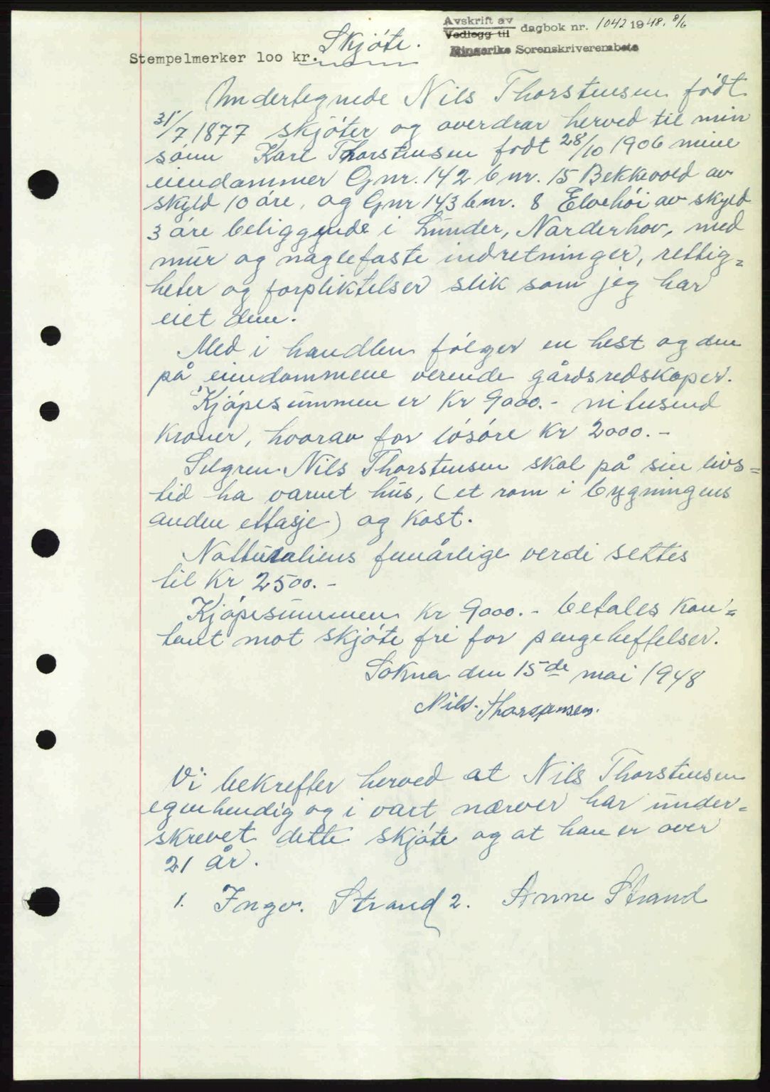 Ringerike sorenskriveri, SAKO/A-105/G/Ga/Gab/L0088: Pantebok nr. A-19, 1948-1948, Dagboknr: 1042/1948