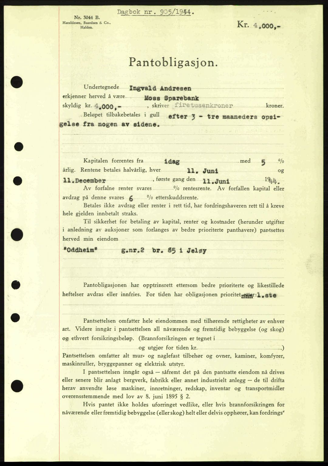 Moss sorenskriveri, SAO/A-10168: Pantebok nr. B13, 1943-1945, Dagboknr: 905/1944