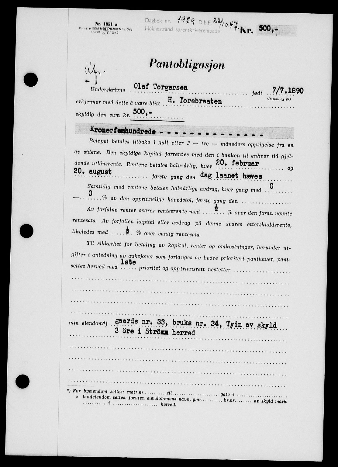 Holmestrand sorenskriveri, SAKO/A-67/G/Ga/Gab/L0058: Pantebok nr. B-58, 1947-1948, Dagboknr: 1959/1947