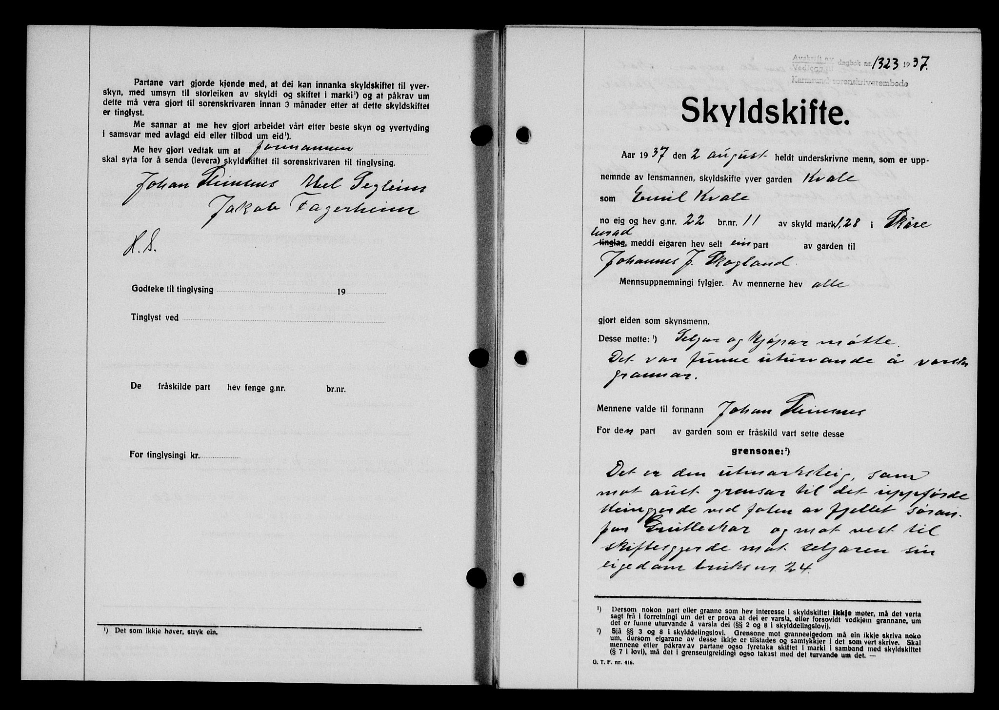 Karmsund sorenskriveri, SAST/A-100311/01/II/IIB/L0068: Pantebok nr. 49A, 1937-1937, Dagboknr: 1323/1937