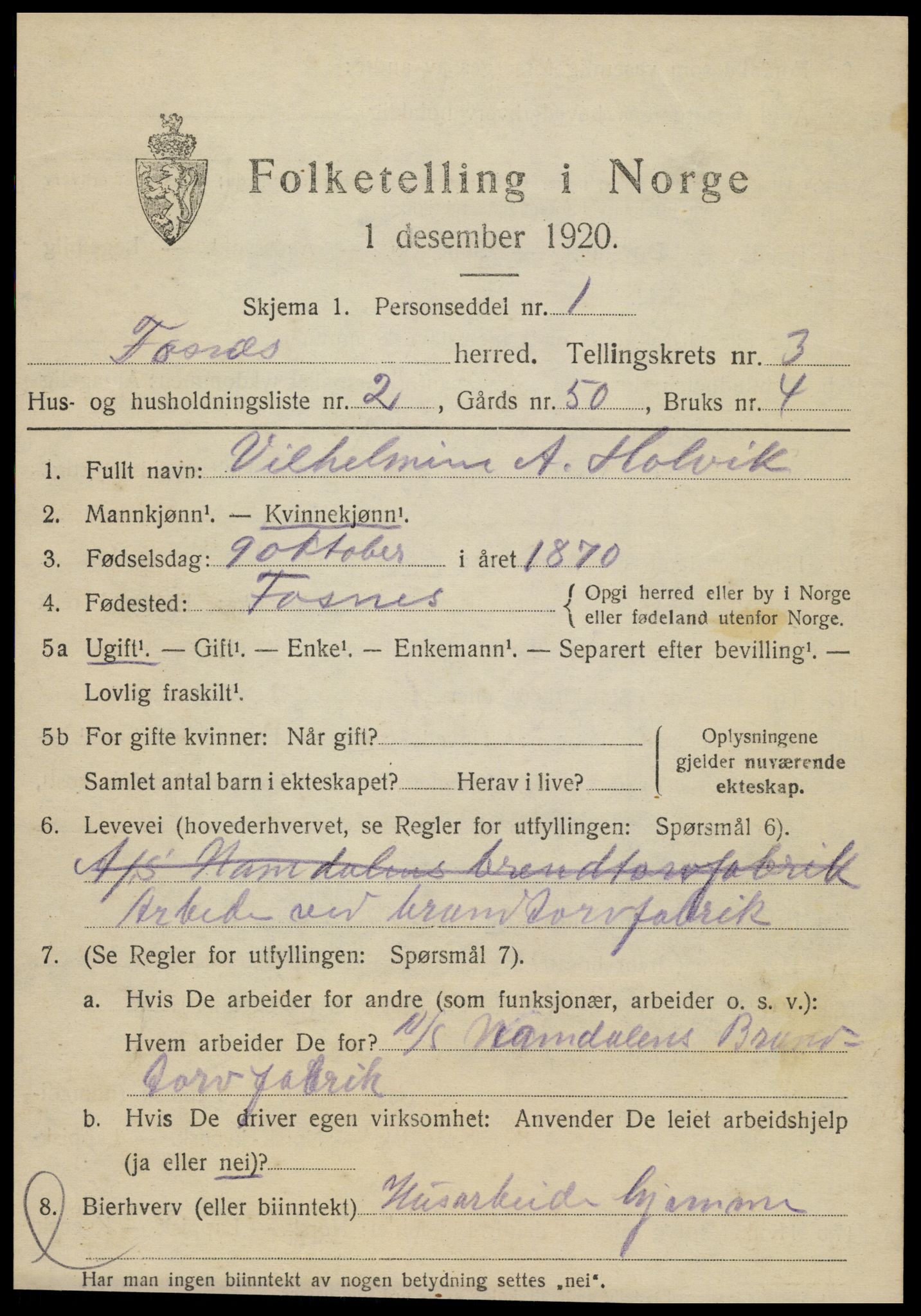 SAT, Folketelling 1920 for 1748 Fosnes herred, 1920, s. 1487