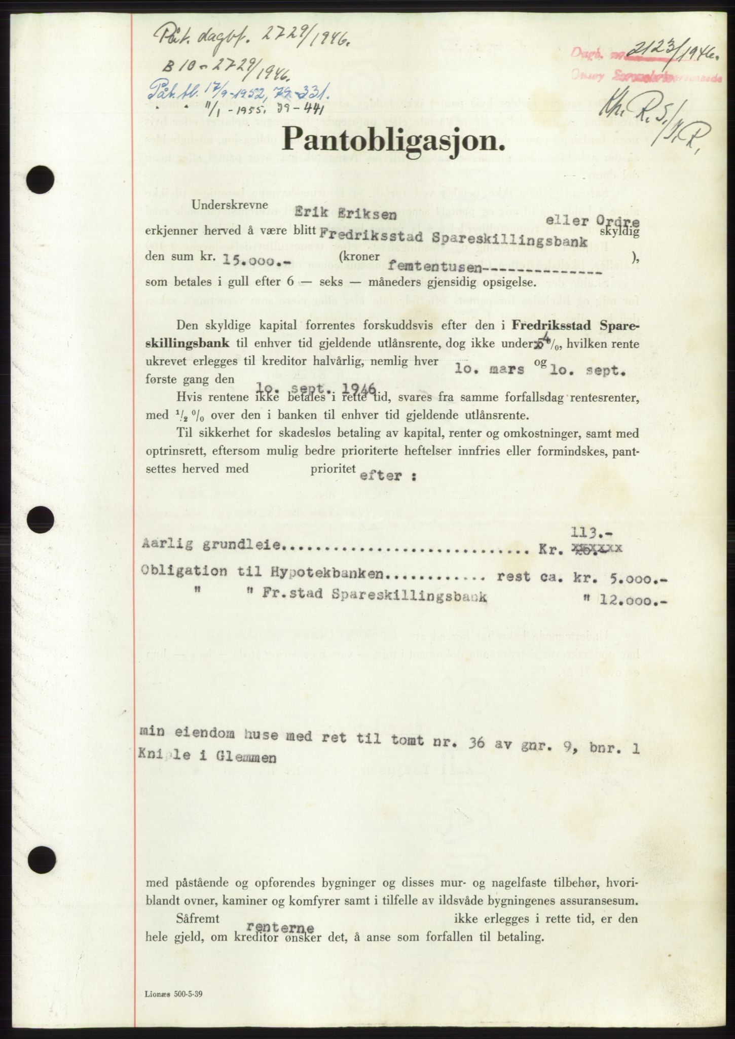 Onsøy sorenskriveri, SAO/A-10474/G/Ga/Gac/L0005: Pantebok nr. B 9-5, 1946-1947, Dagboknr: 2123/1946