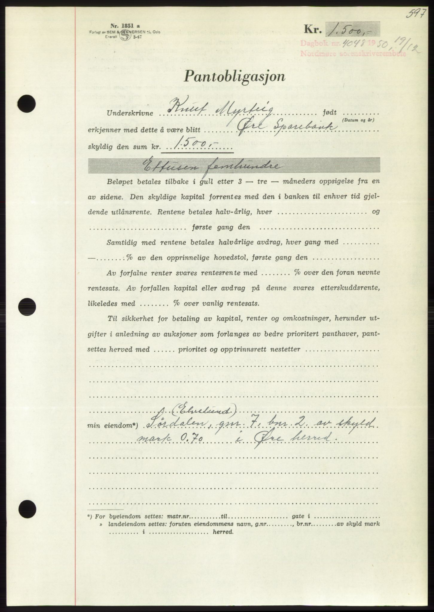 Nordmøre sorenskriveri, AV/SAT-A-4132/1/2/2Ca: Pantebok nr. B106, 1950-1950, Dagboknr: 4048/1950