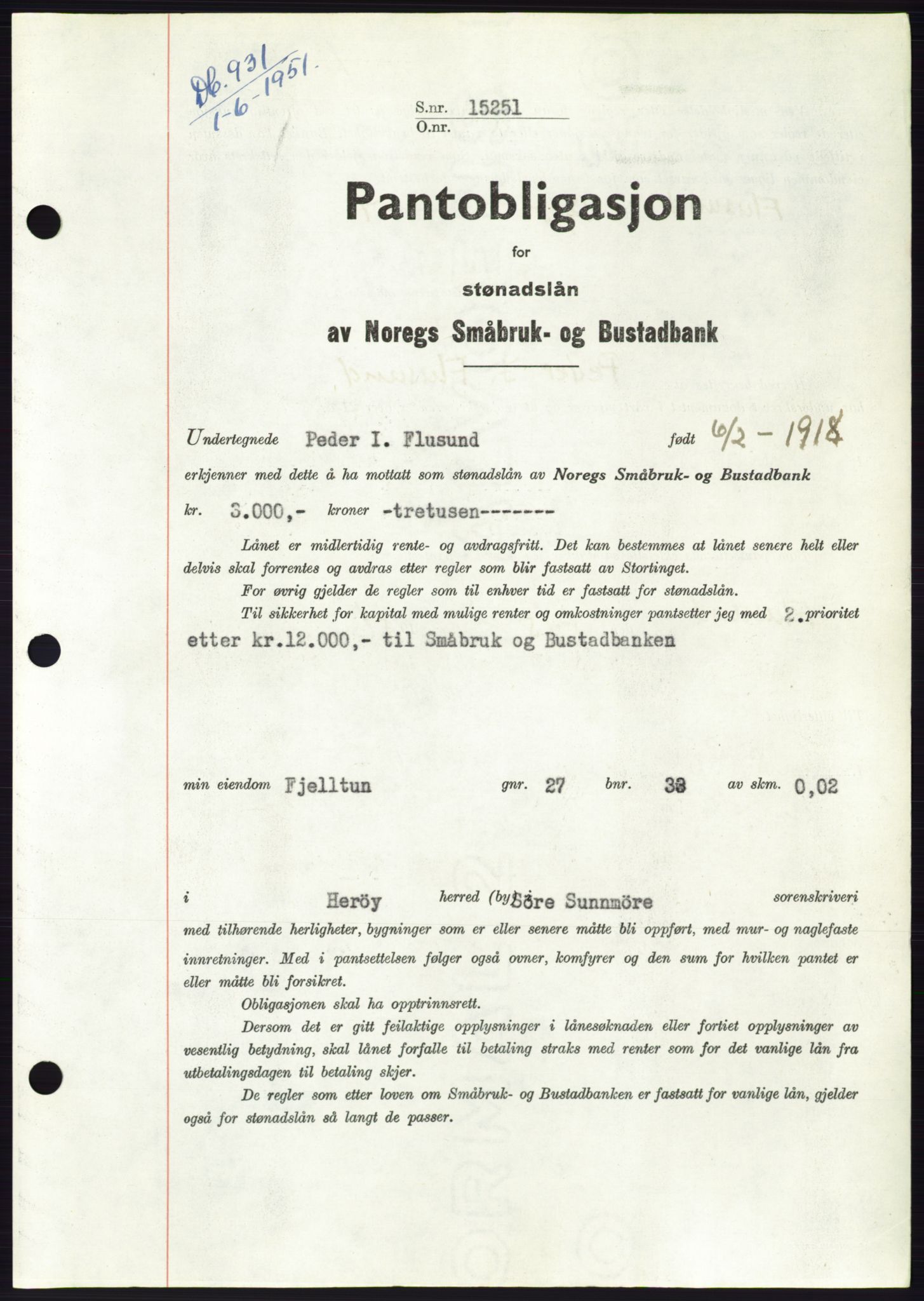 Søre Sunnmøre sorenskriveri, SAT/A-4122/1/2/2C/L0120: Pantebok nr. 8B, 1951-1951, Dagboknr: 931/1951