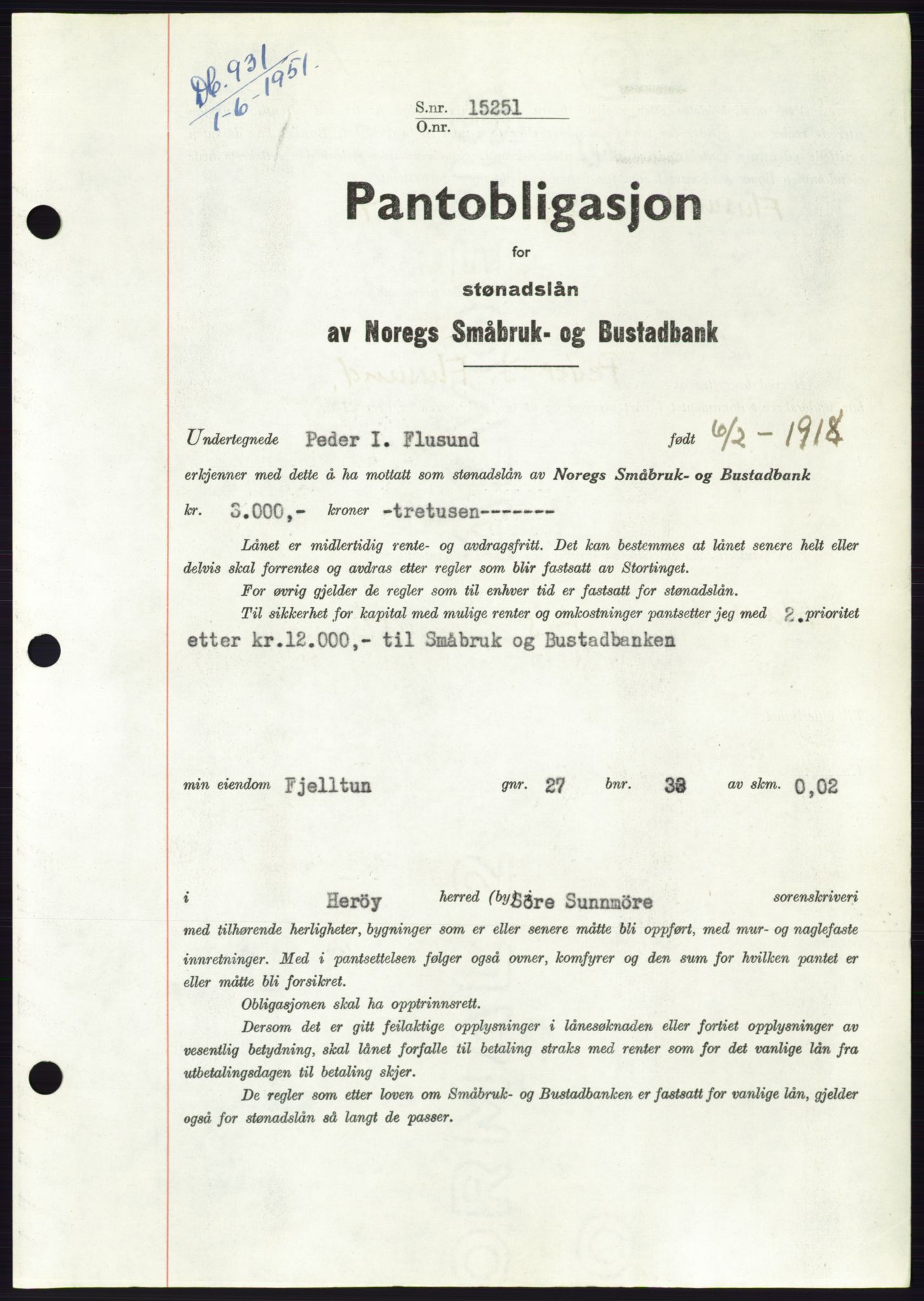 Søre Sunnmøre sorenskriveri, AV/SAT-A-4122/1/2/2C/L0120: Pantebok nr. 8B, 1951-1951, Dagboknr: 931/1951