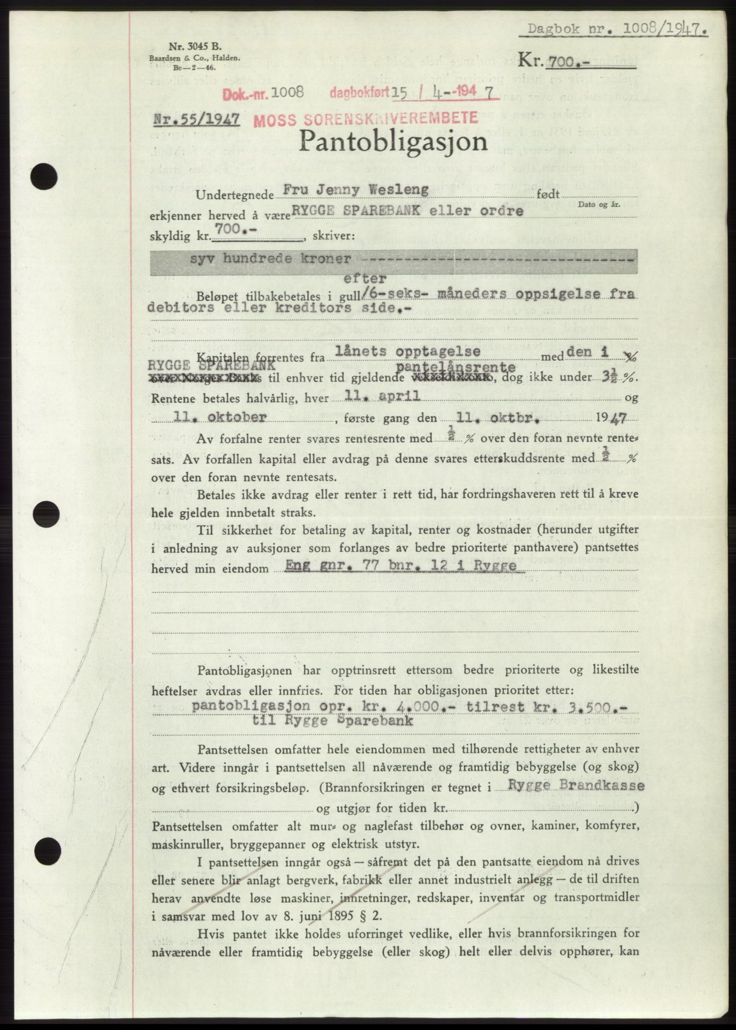 Moss sorenskriveri, SAO/A-10168: Pantebok nr. B17, 1947-1947, Dagboknr: 1008/1947