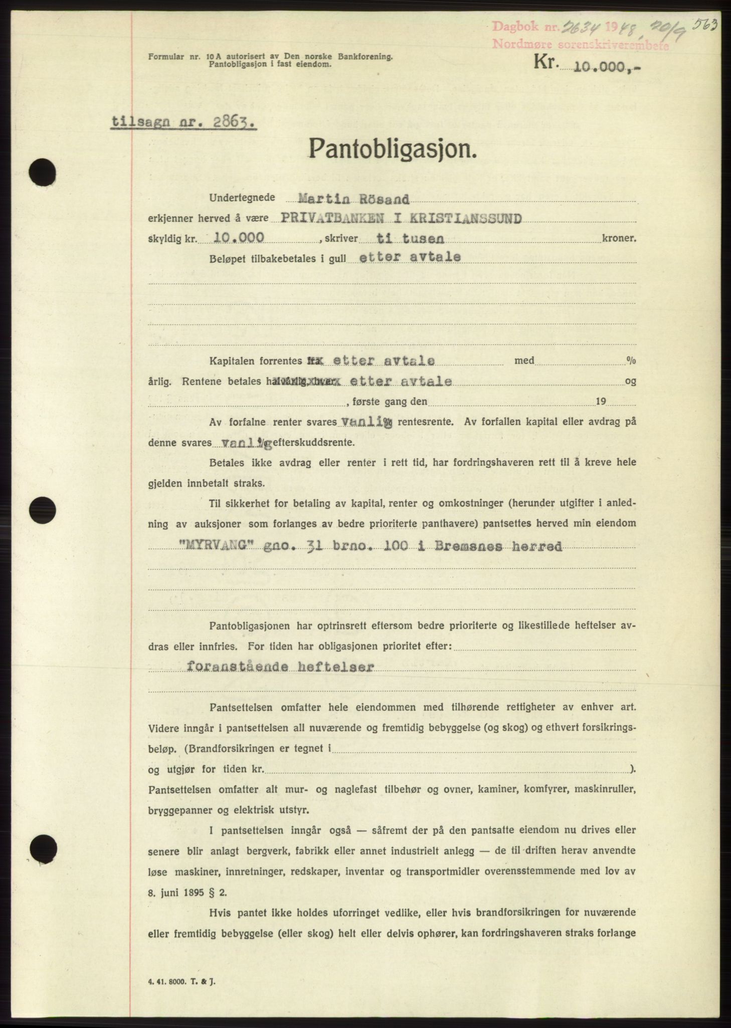 Nordmøre sorenskriveri, SAT/A-4132/1/2/2Ca: Pantebok nr. B99, 1948-1948, Dagboknr: 2634/1948
