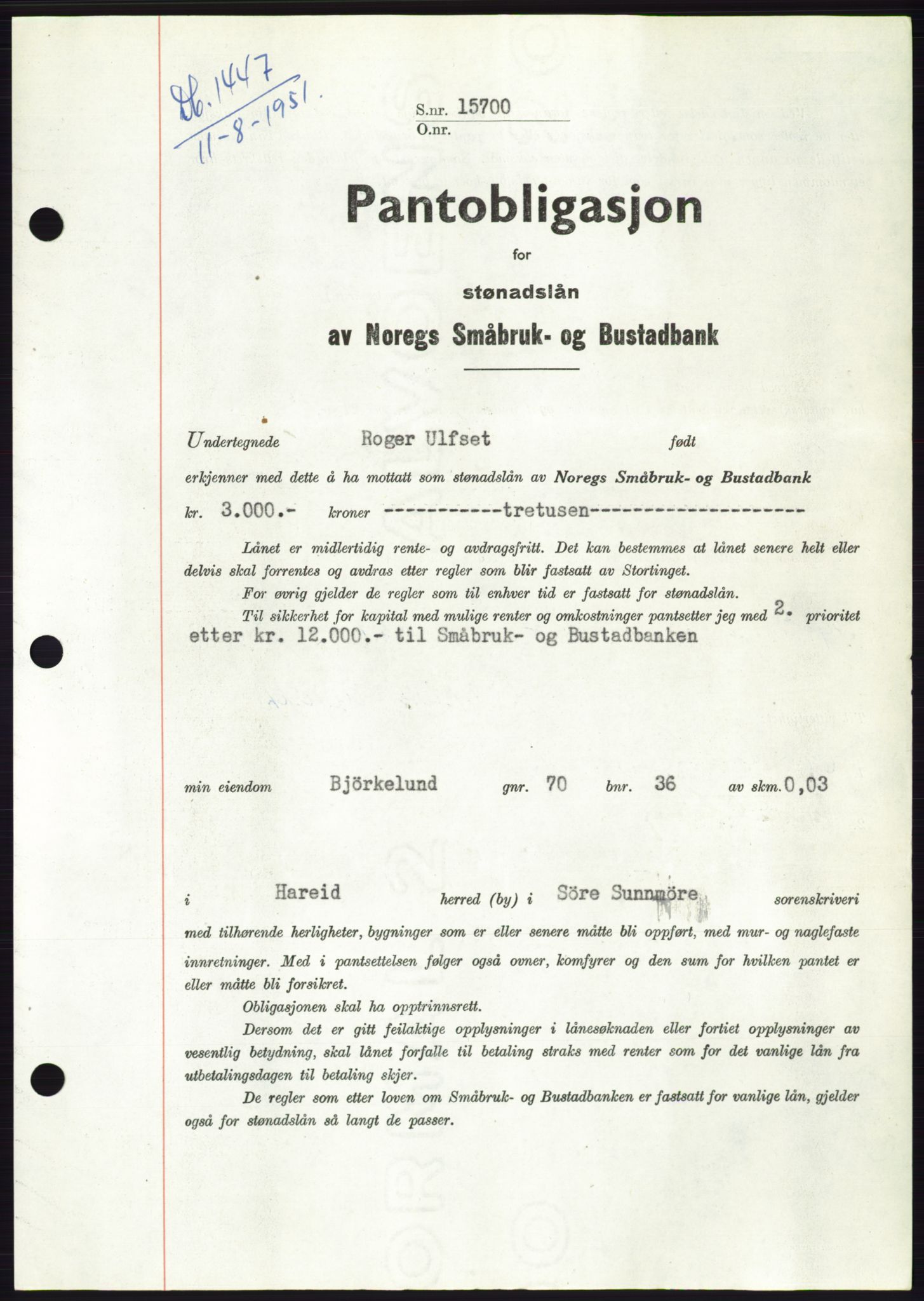 Søre Sunnmøre sorenskriveri, SAT/A-4122/1/2/2C/L0120: Pantebok nr. 8B, 1951-1951, Dagboknr: 1447/1951