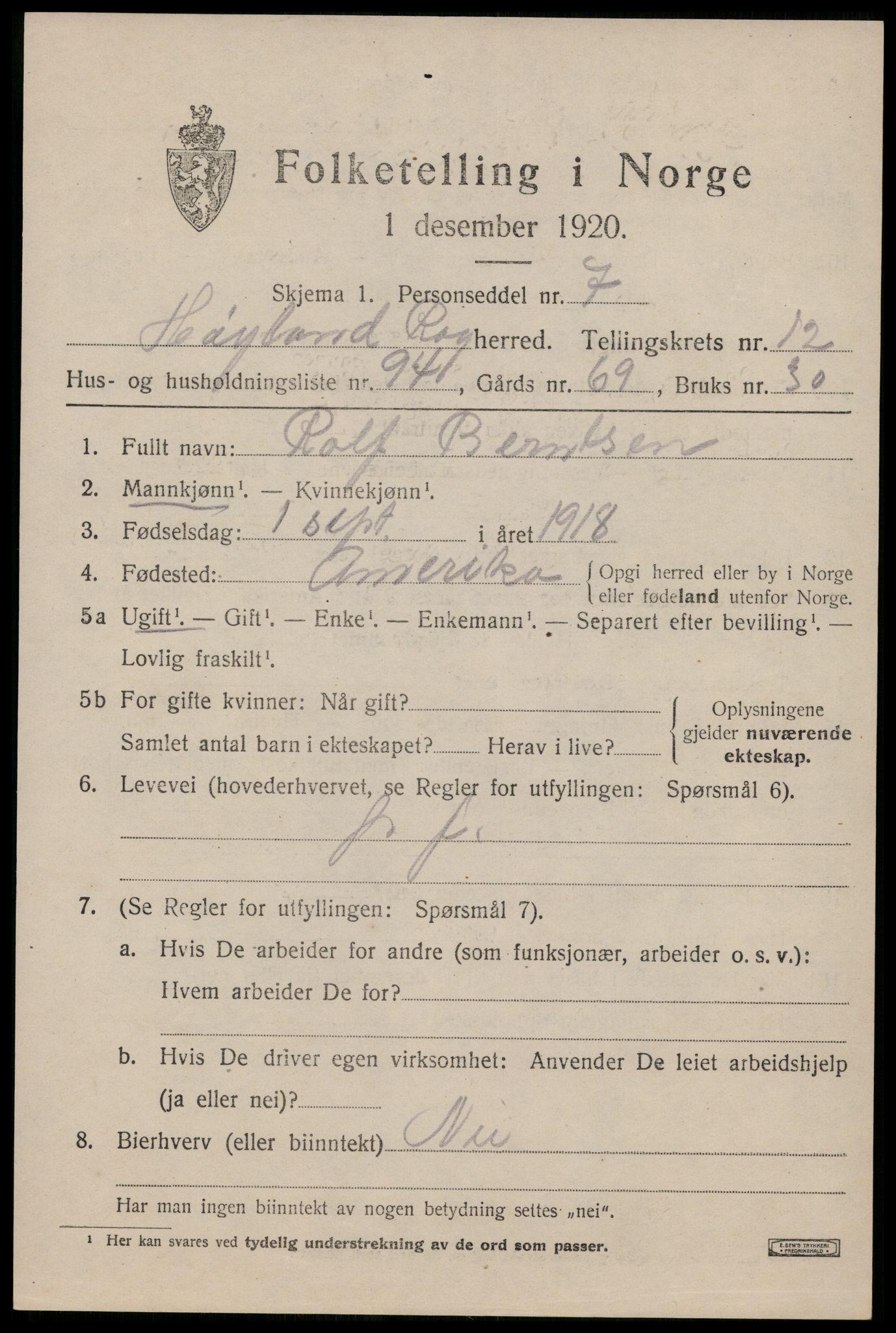 SAST, Folketelling 1920 for 1123 Høyland herred, 1920, s. 10472
