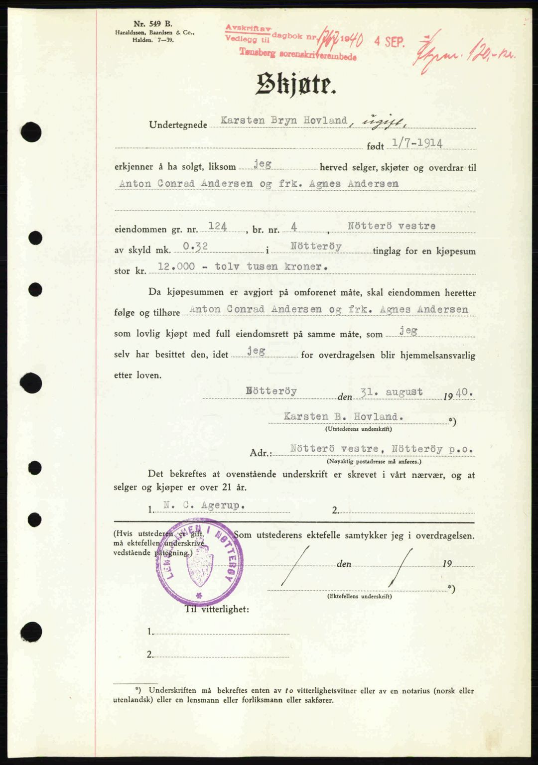 Tønsberg sorenskriveri, AV/SAKO-A-130/G/Ga/Gaa/L0009: Pantebok nr. A9, 1940-1941, Dagboknr: 1767/1940