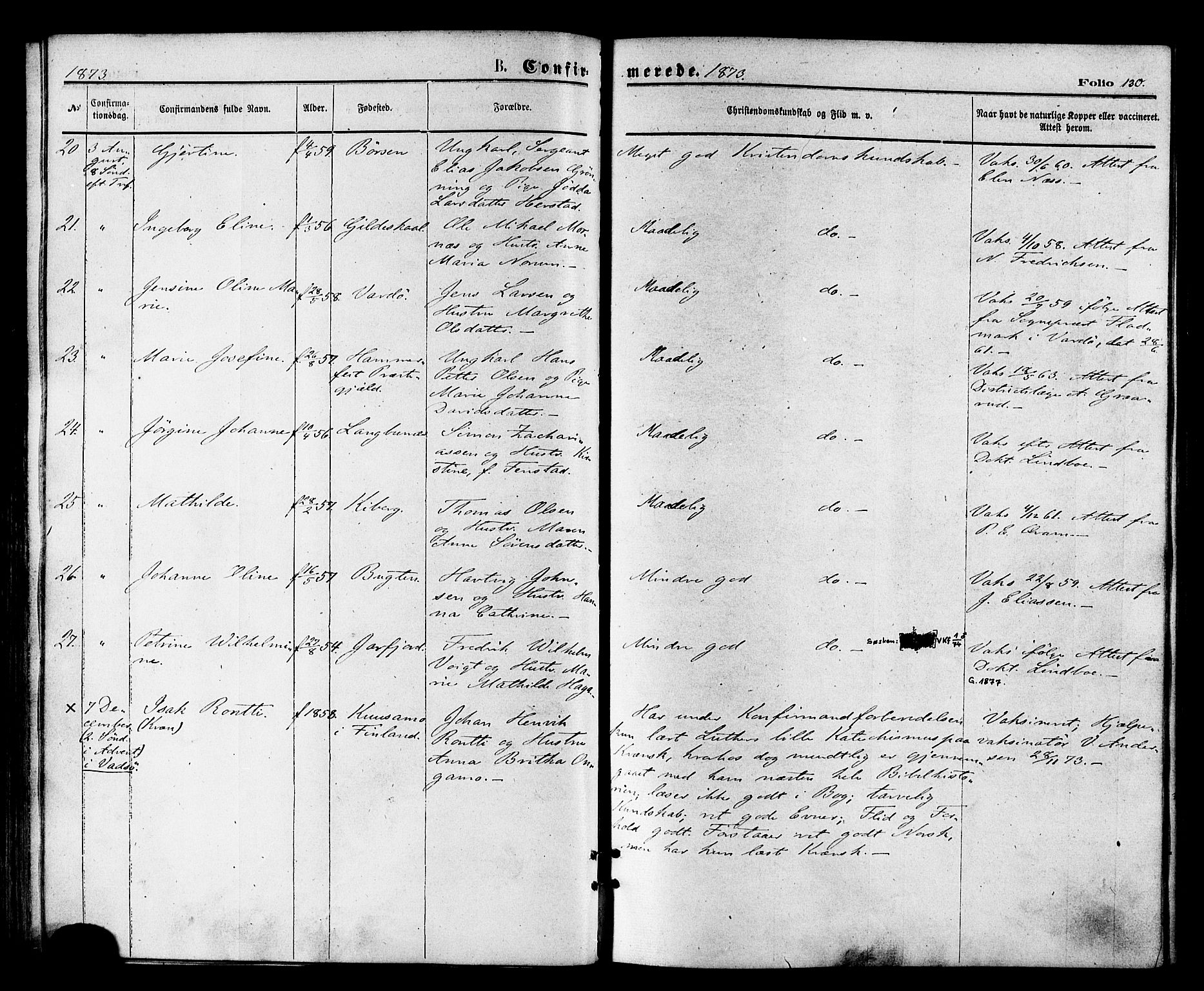 Vardø sokneprestkontor, AV/SATØ-S-1332/H/Ha/L0005kirke: Ministerialbok nr. 5, 1872-1878, s. 130