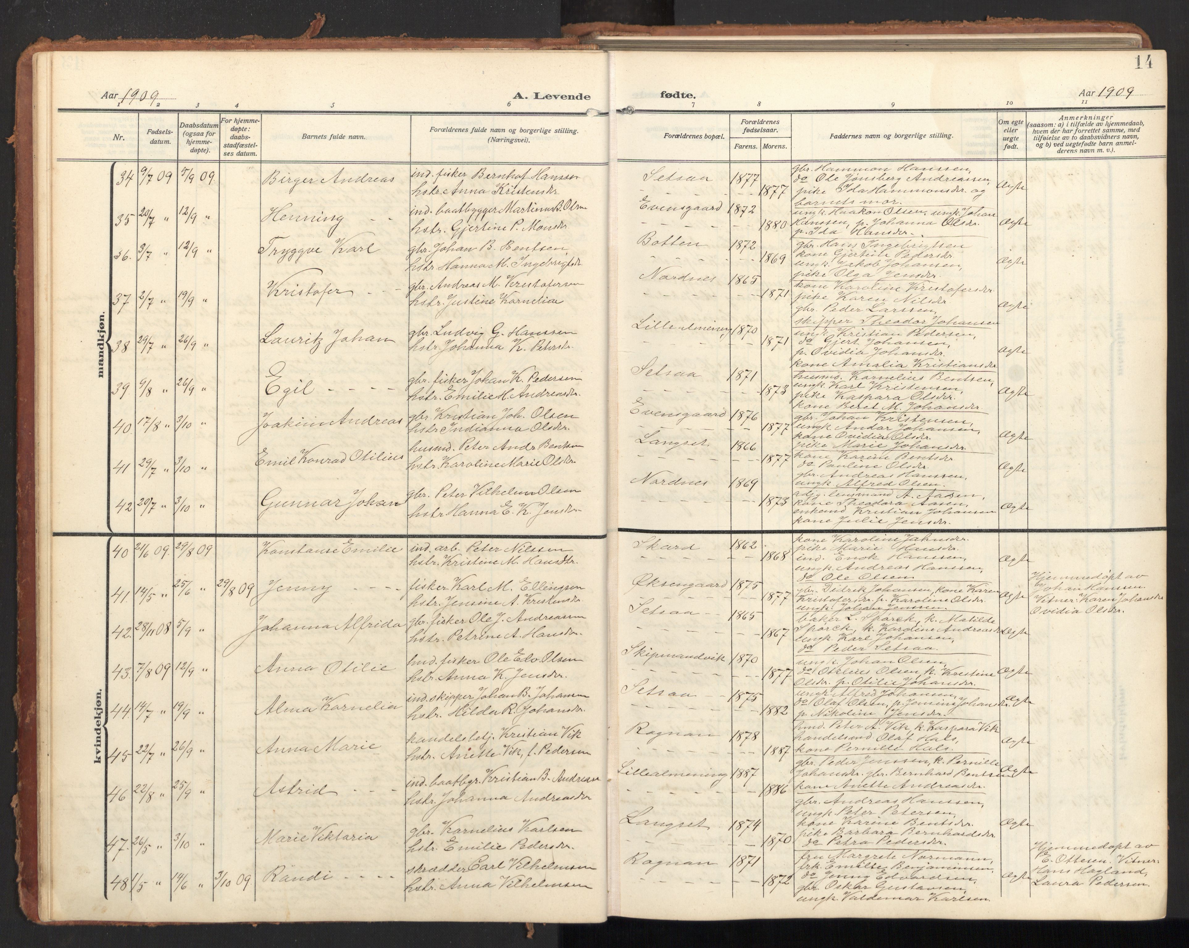 Ministerialprotokoller, klokkerbøker og fødselsregistre - Nordland, AV/SAT-A-1459/847/L0683: Klokkerbok nr. 847C11, 1908-1929, s. 14