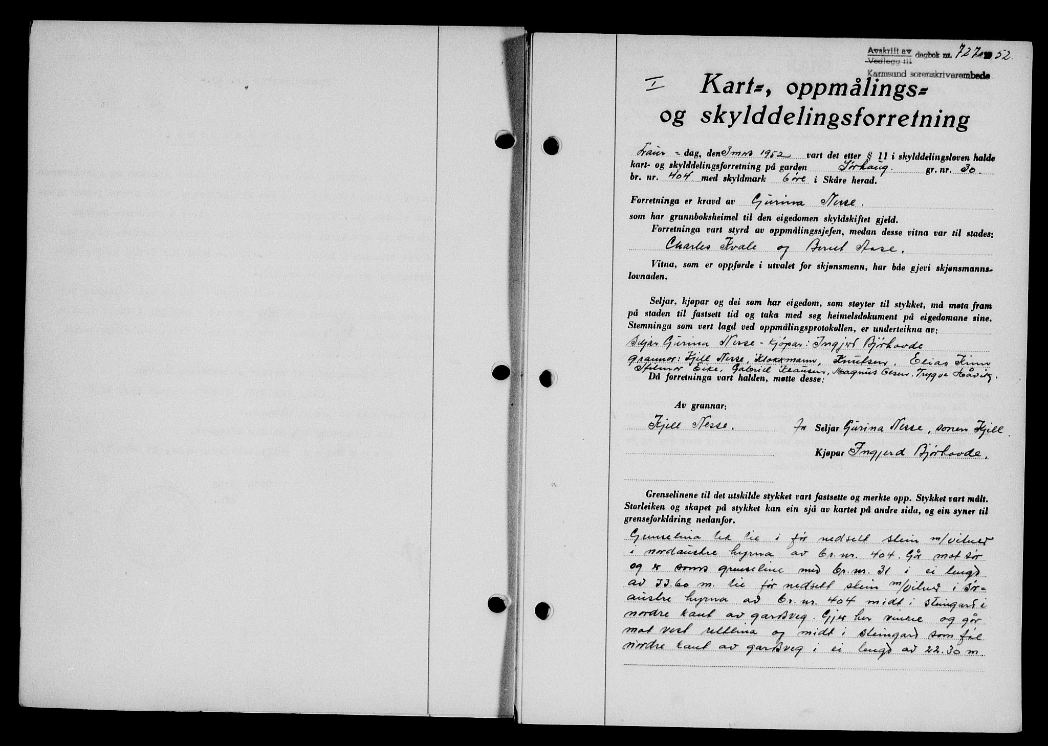 Karmsund sorenskriveri, SAST/A-100311/01/II/IIB/L0105: Pantebok nr. 85A, 1952-1952, Dagboknr: 727/1952
