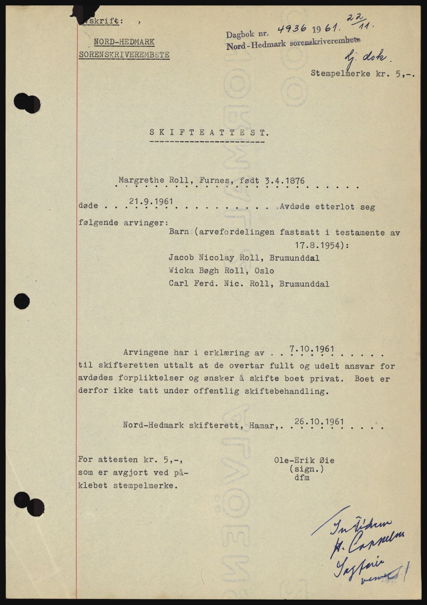 Nord-Hedmark sorenskriveri, SAH/TING-012/H/Hc/L0015: Pantebok nr. 15, 1961-1961, Dagboknr: 4936/1961