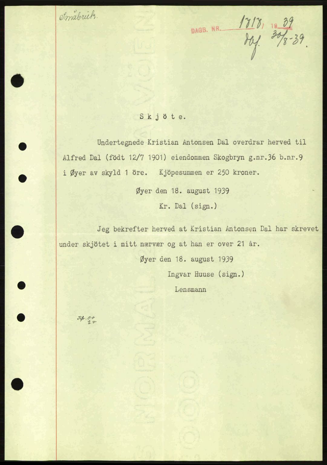 Sør-Gudbrandsdal tingrett, SAH/TING-004/H/Hb/Hbd/L0006: Pantebok nr. A6, 1939-1939, Dagboknr: 1717/1939