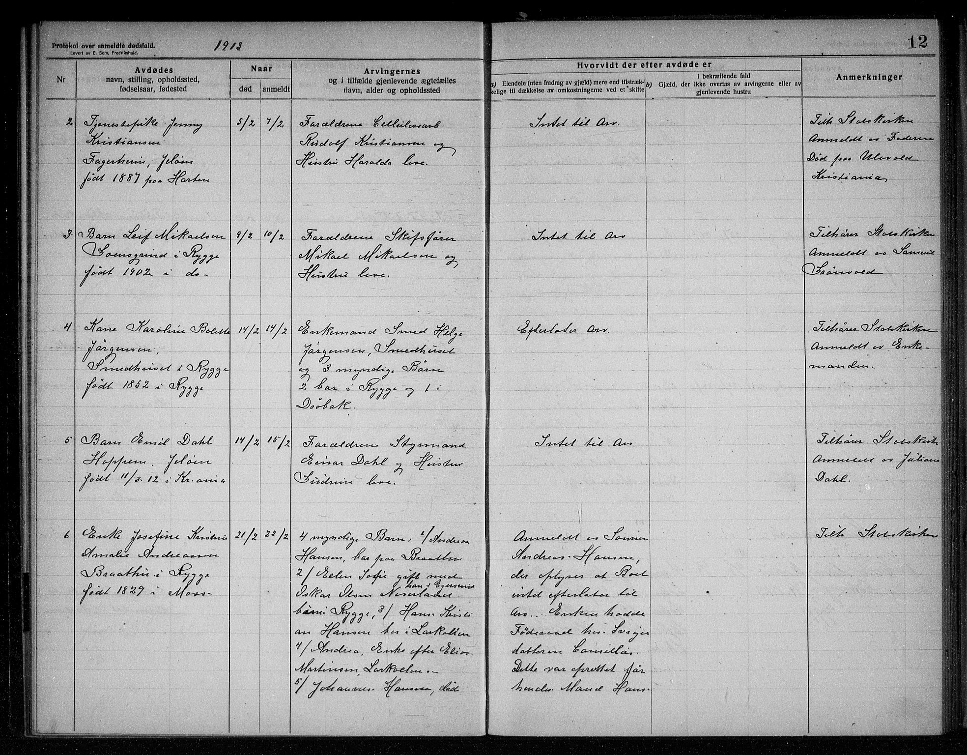 Rygge lensmannskontor, AV/SAO-A-10005/H/Ha/Haa/L0005: Dødsfallsprotokoll, 1912-1916, s. 12